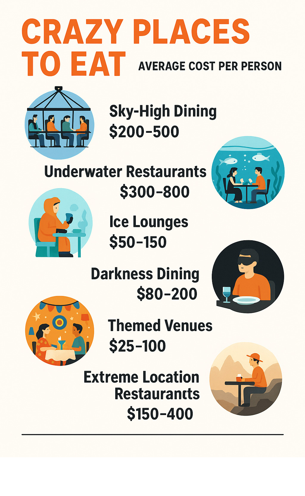 Infographic comparing average costs per person across different types of crazy restaurants: sky-high dining ($200-500), underwater restaurants ($300-800), ice lounges ($50-150), darkness dining ($80-200), themed venues ($25-100), and extreme location restaurants ($150-400) - crazy places to eat infographic 