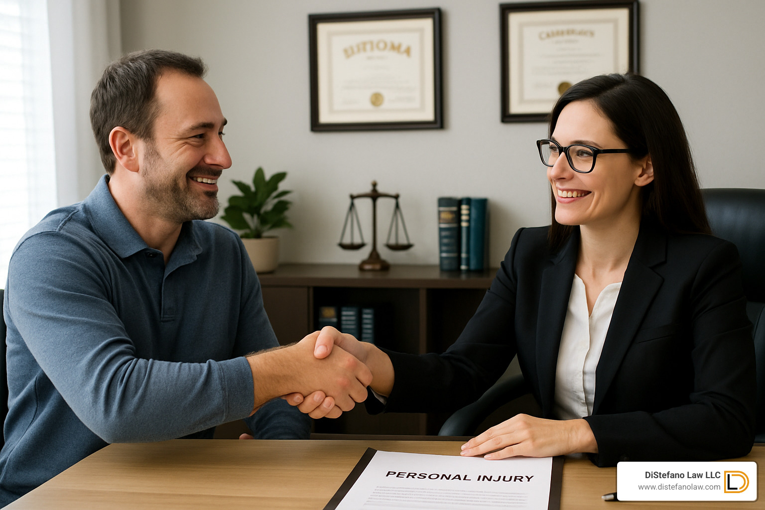 satisfied client shaking hands with personal injury lawyer in professional office setting - personal injury law firm fort lauderdale