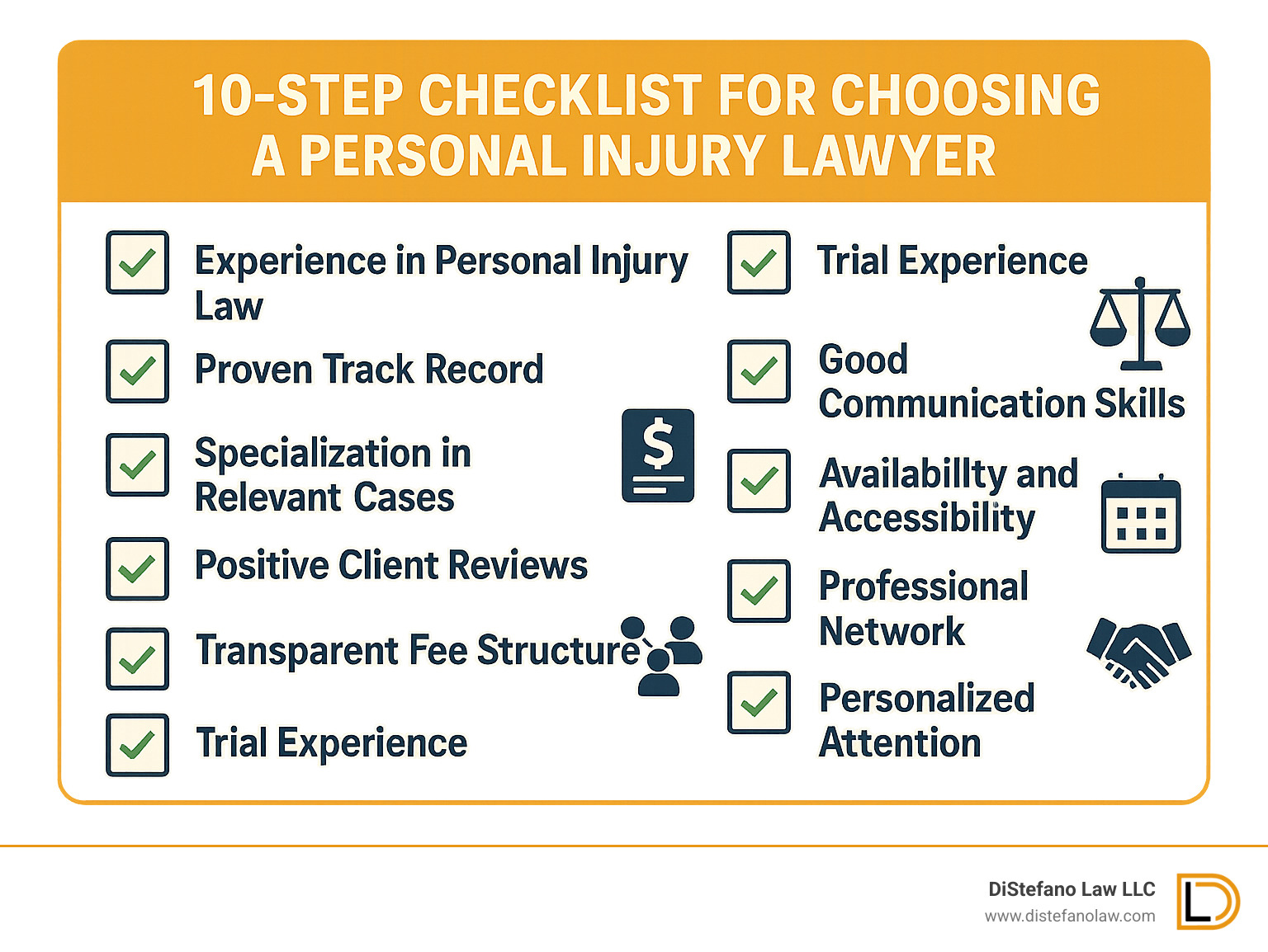 10-step checklist for choosing a personal injury lawyer with checkboxes and key criteria - personal injury law firm fort lauderdale infographic 