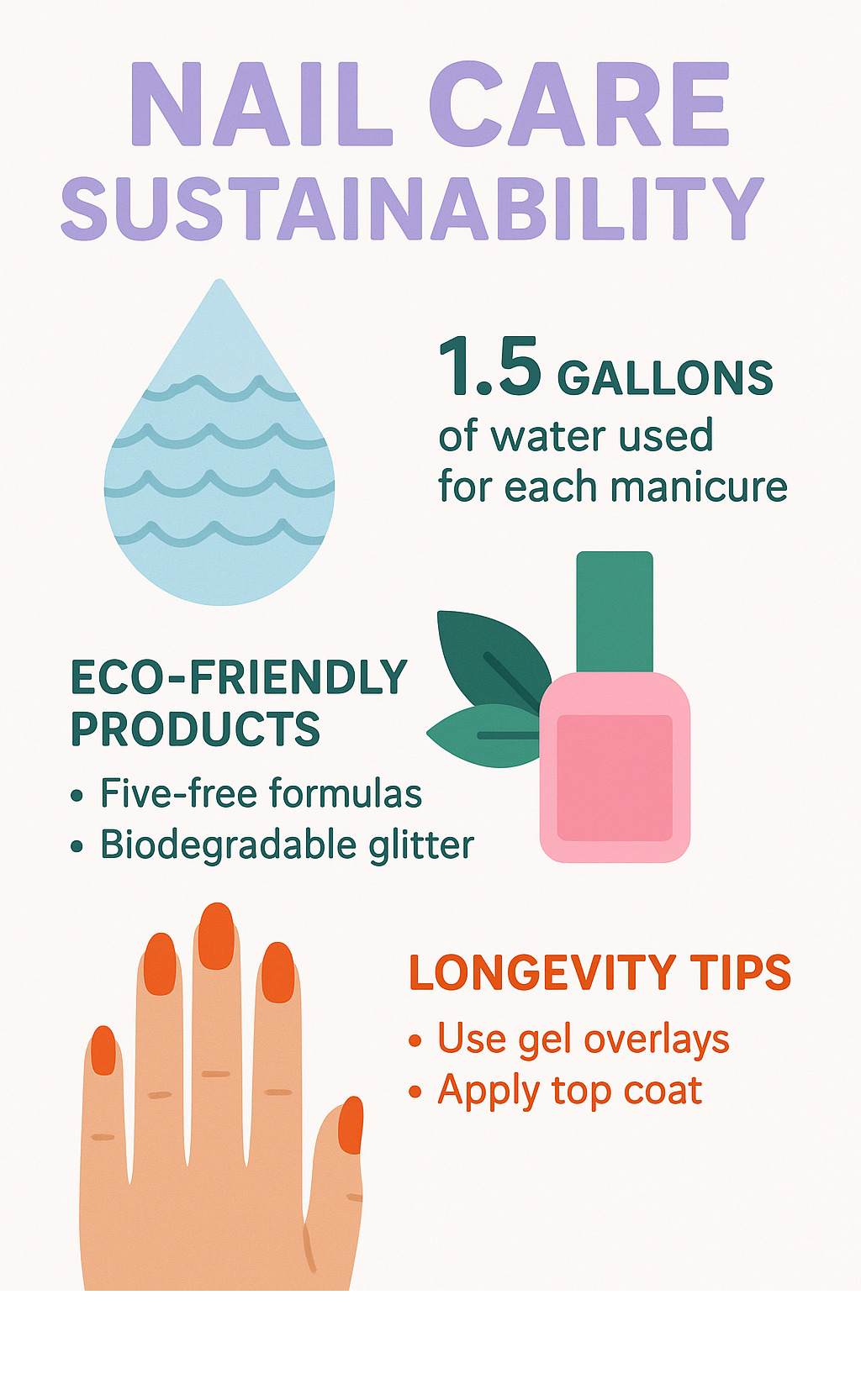 nail care sustainability infographic showing water usage statistics, eco-friendly product benefits, and longevity tips - nail designs infographic 