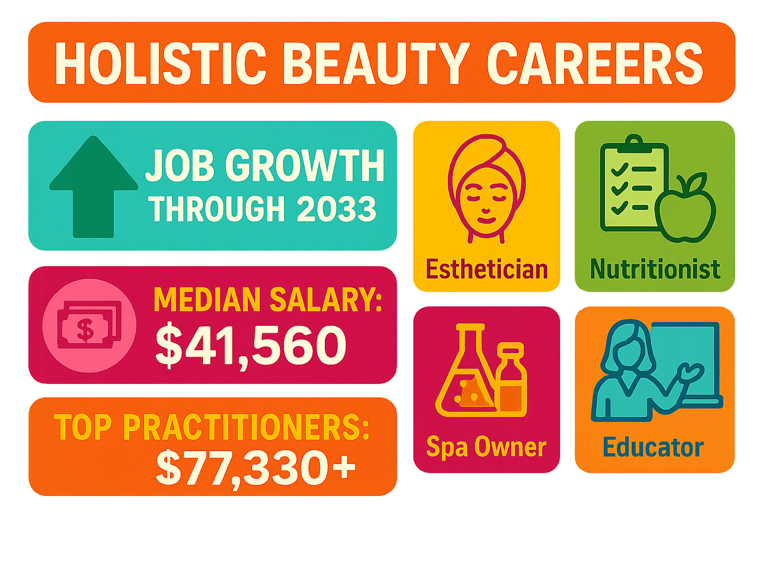 Job growth statistics for holistic beauty careers showing 10.3% growth rate through 2033, salary ranges from $41,560 median to $77,330+ for top practitioners, and breakdown of career paths including esthetician, nutritionist, formulator, spa owner, and educator roles - holistic beauty education infographic 