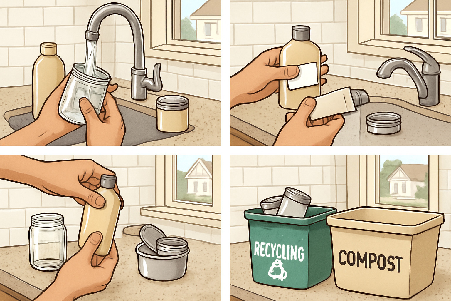 Step-by-step visual guide showing proper cleaning and sorting of beauty packaging for recycling and composting - zero waste beauty Step-by-step visual guide showing proper cleaning and sorting of beauty packaging for recycling and composting - zero waste beauty