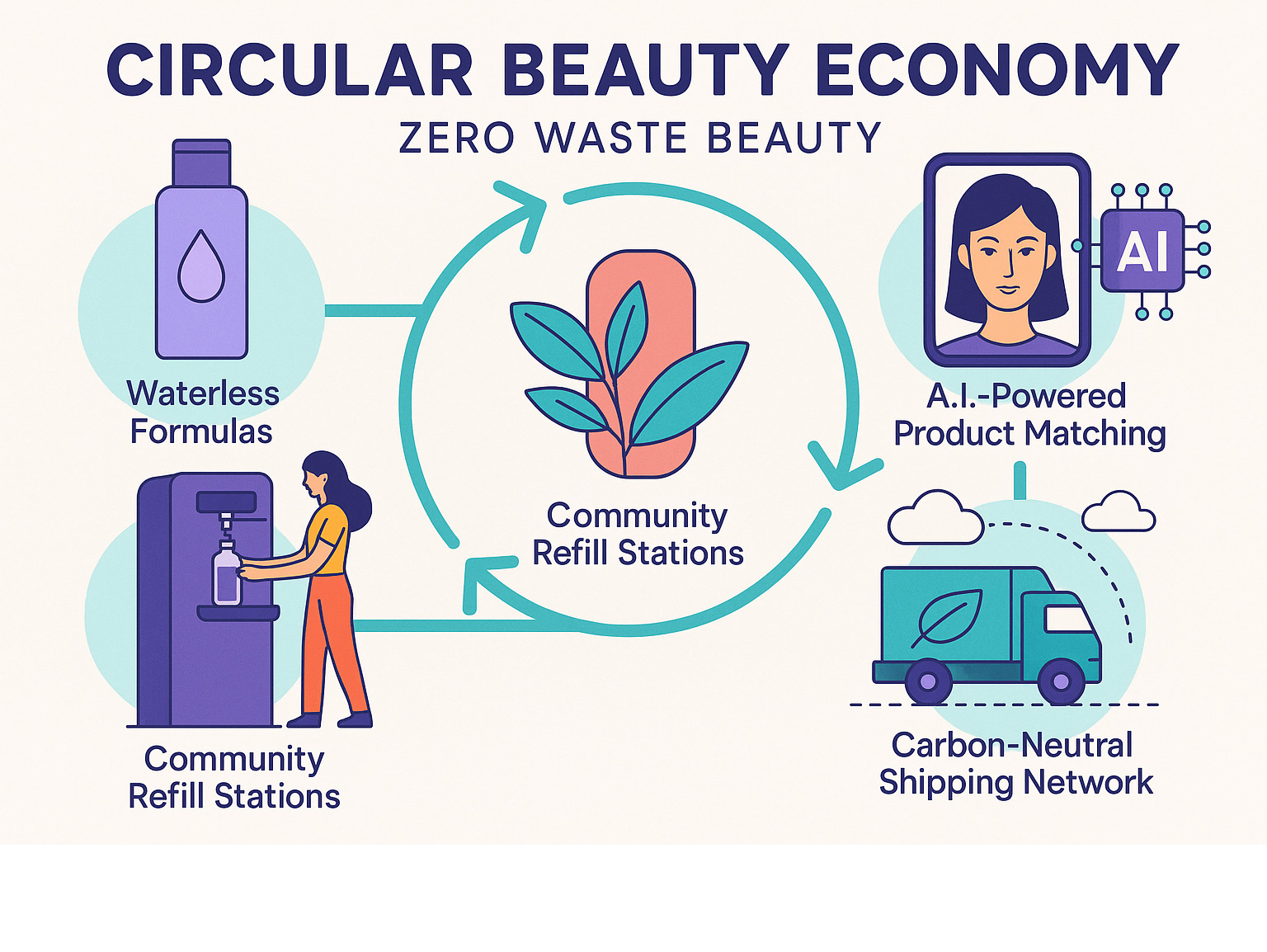 Futuristic infographic depicting the circular beauty economy with waterless formulas, AI-powered product matching, carbon-neutral shipping networks, and community refill stations - zero waste beauty infographic Futuristic infographic depicting the circular beauty economy with waterless formulas, AI-powered product matching, carbon-neutral shipping networks, and community refill stations - zero waste beauty infographic