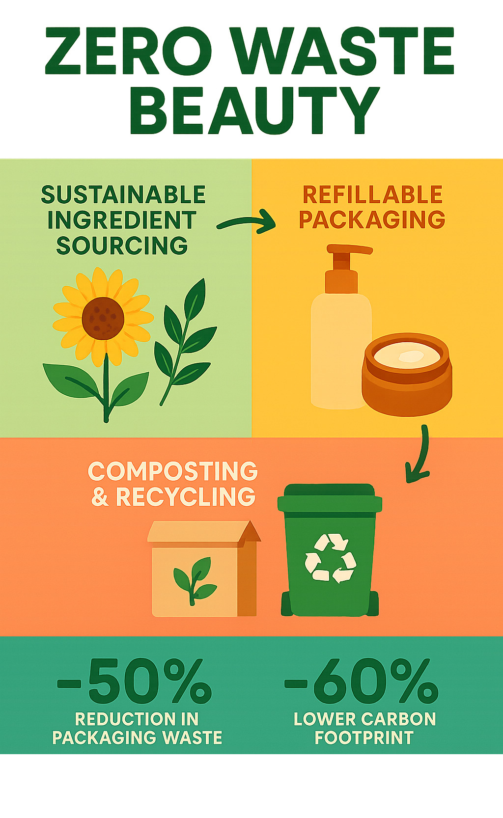 Comprehensive infographic showing the lifecycle of zero waste beauty products from sustainable ingredient sourcing through refillable packaging systems to composting and recycling end-of-life options, with statistics on packaging waste reduction and carbon footprint savings - zero waste beauty infographic Comprehensive infographic showing the lifecycle of zero waste beauty products from sustainable ingredient sourcing through refillable packaging systems to composting and recycling end-of-life options, with statistics on packaging waste reduction and carbon footprint savings - zero waste beauty infographic
