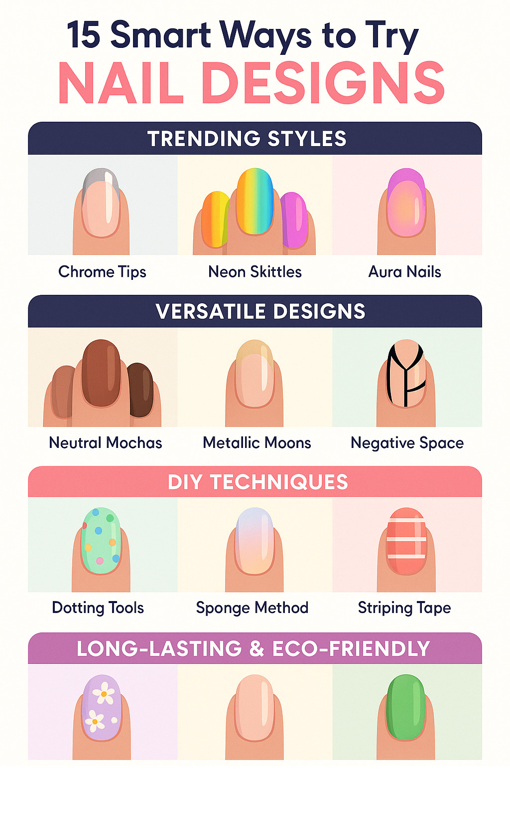 Comprehensive infographic showing 15 smart nail design categories including trending 2024-2025 styles like chrome tips and neon skittles, versatile designs like neutral mochas and metallic moons, DIY techniques using dotting tools and sponge methods, seasonal themes from spring florals to winter chrome, and eco-friendly long-lasting care tips with gel overlays and non-toxic formulas - nail designs infographic 