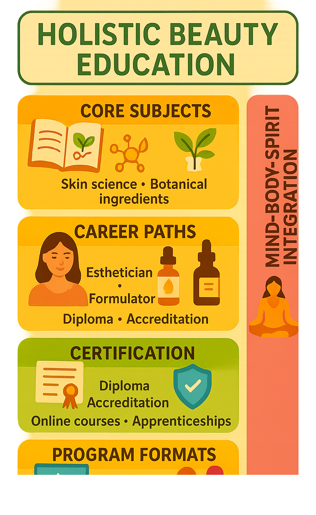 Comprehensive breakdown of holistic beauty education components including core subjects like skin science and botanical ingredients, career paths from esthetician to formulator, certification requirements and accreditation bodies, program formats from online courses to in-person apprenticeships, and integration methods for mind-body-spirit practices - holistic beauty education infographic 