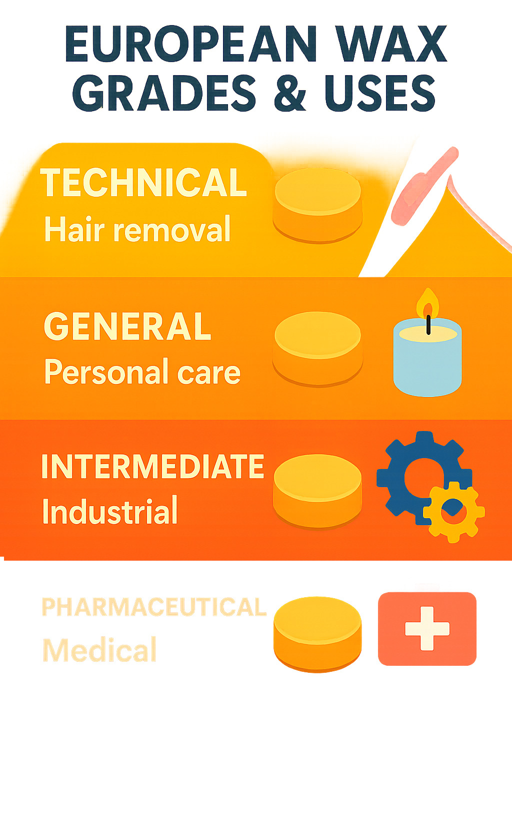 Infographic showing different European wax grades from technical to pharmaceutical, with applications ranging from hair removal to medical uses - european wax infographic 