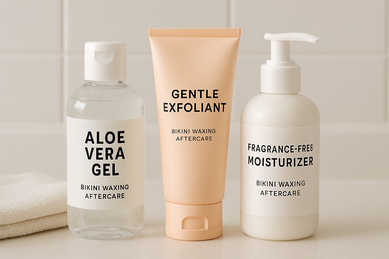 aftercare products including aloe gel, gentle exfoliant, and fragrance-free moisturizer - bikini wax