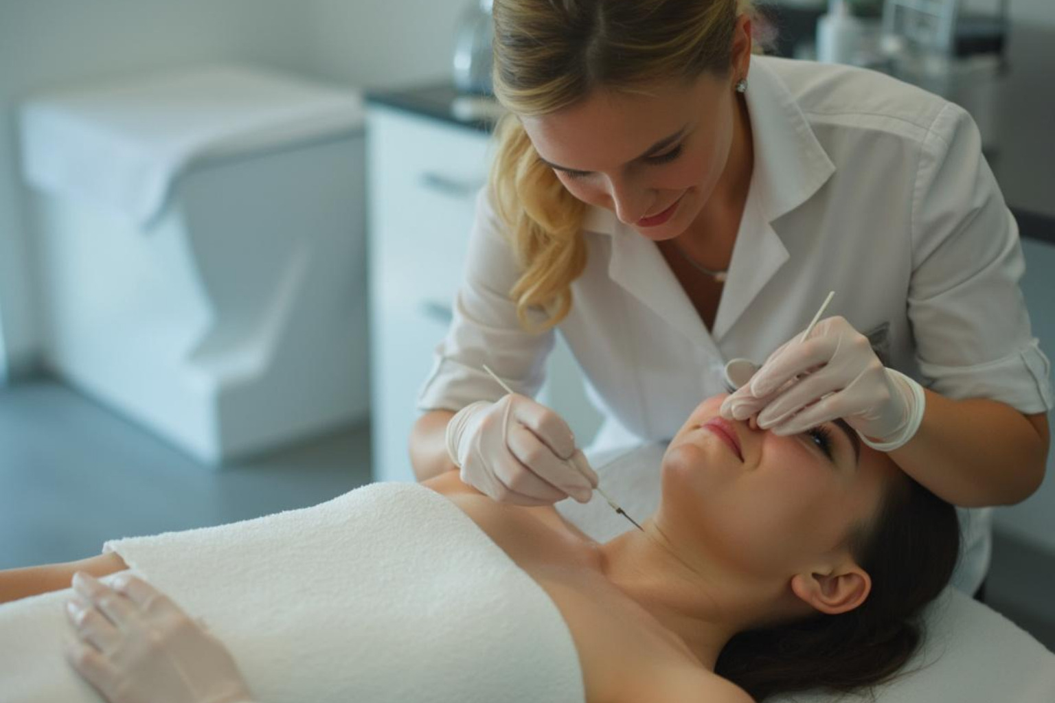 professional esthetician applying hard wax with proper technique - bikini wax