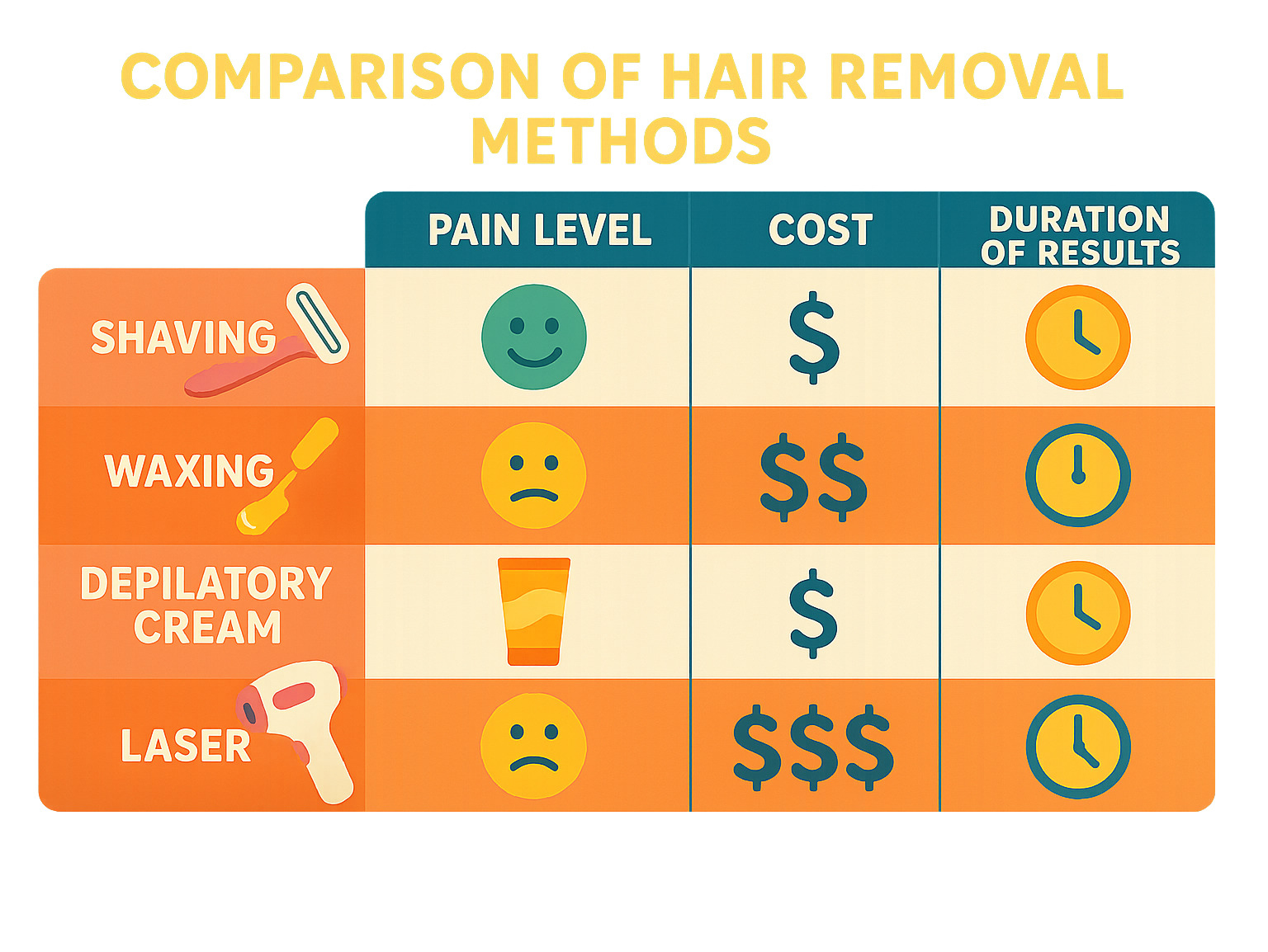 Comparison chart showing different hair removal methods with icons representing pain level, cost, and duration of results - laser hair removal near me infographic 