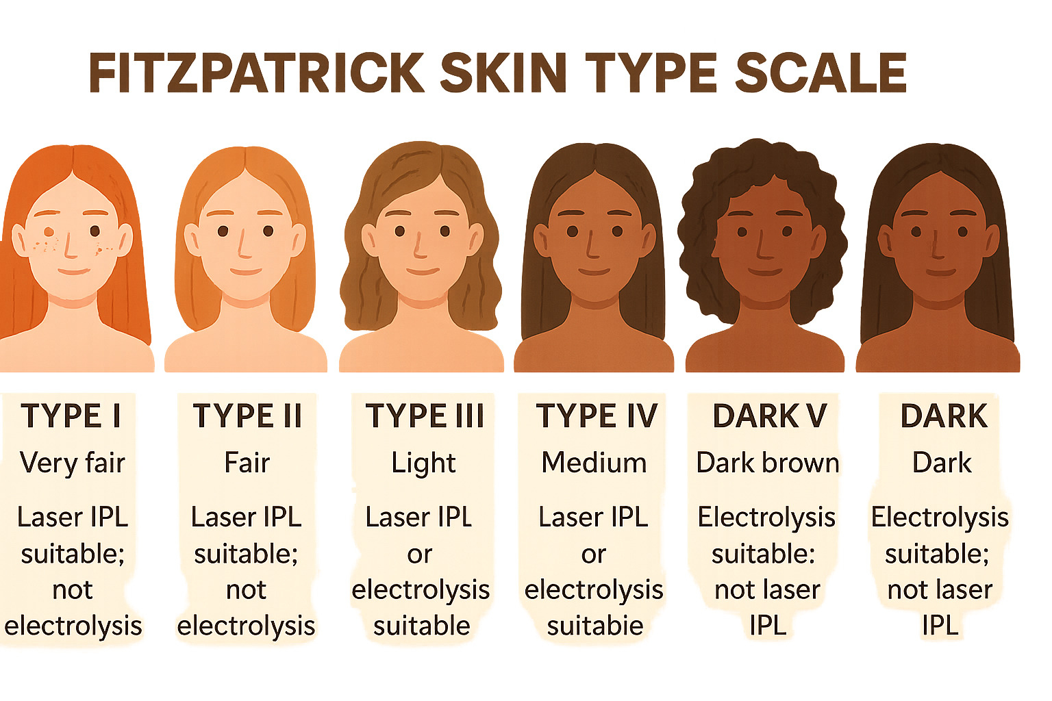Fitzpatrick skin type scale showing six different skin tones and their characteristics for hair removal suitability - laser hair removal near me