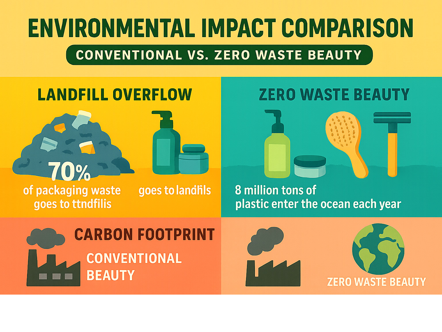 Environmental impact comparison showing landfill overflow, ocean pollution statistics, and carbon footprint data between conventional and zero waste beauty products - zero waste beauty infographic Environmental impact comparison showing landfill overflow, ocean pollution statistics, and carbon footprint data between conventional and zero waste beauty products - zero waste beauty infographic