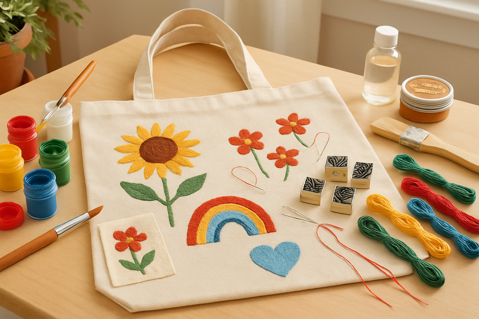 DIY tote bag customization showing painted designs, embroidery, and maintenance supplies - tote bag
