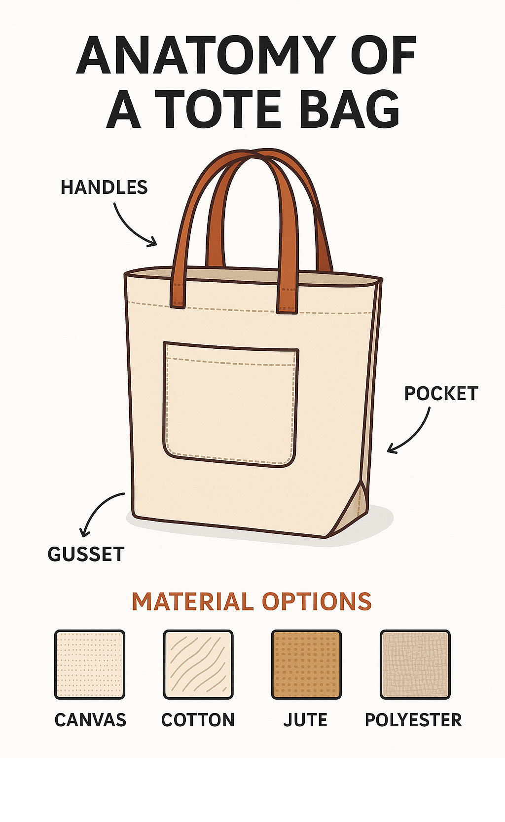 Detailed tote bag anatomy diagram showing handles, gusset, pockets, and material options - tote bag infographic 
