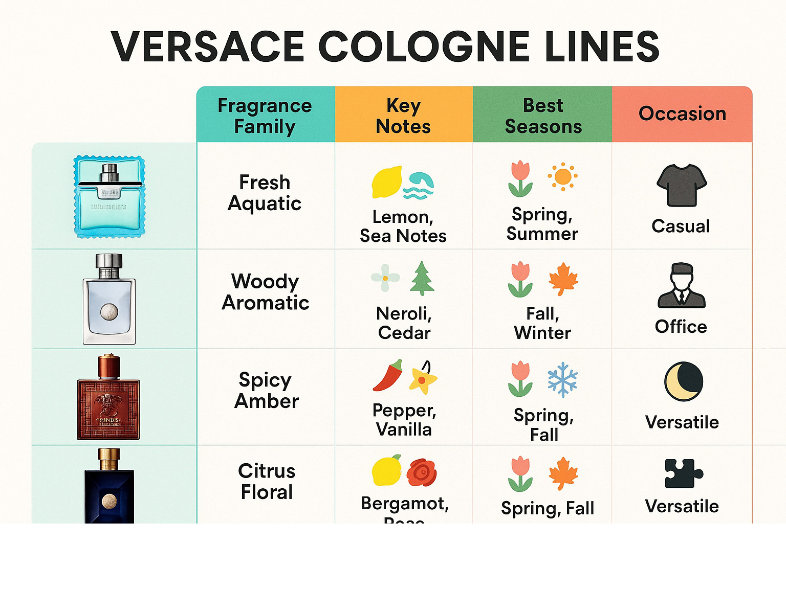 Comparison table showing Versace cologne lines with fragrance families, key notes, best seasons, and occasion recommendations - versace cologne infographic  Comparison table showing Versace cologne lines with fragrance families, key notes, best seasons, and occasion recommendations - versace cologne infographic