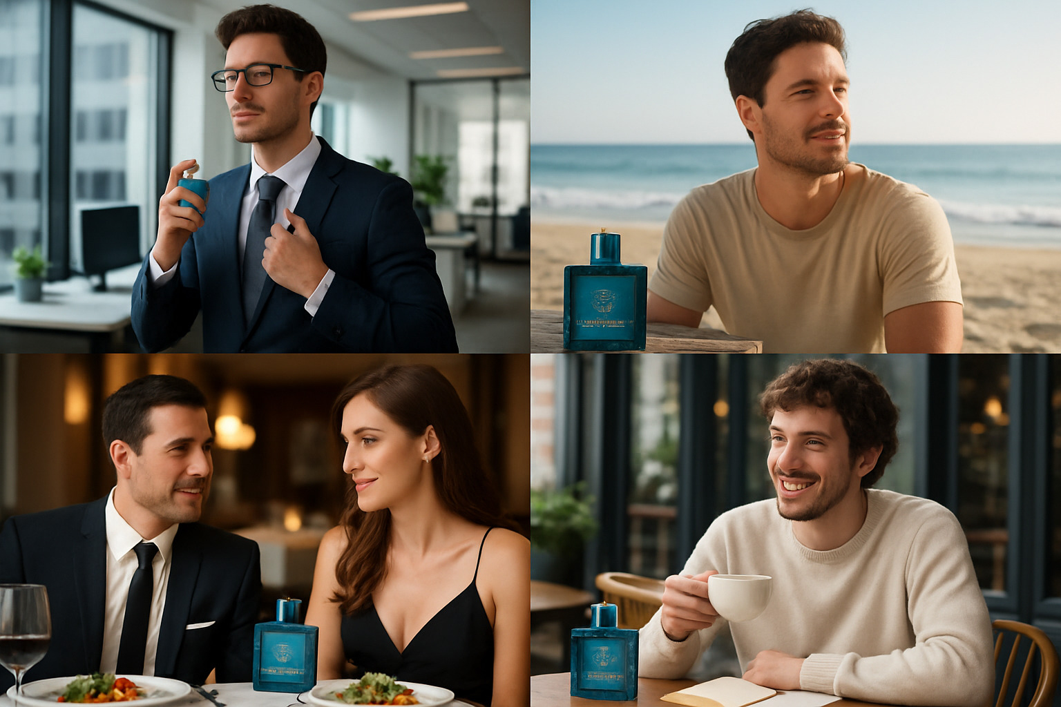 Lifestyle scenarios showing different Versace cologne applications - office meeting, beach vacation, formal dinner, casual weekend - versace cologne Lifestyle scenarios showing different Versace cologne applications - office meeting, beach vacation, formal dinner, casual weekend - versace cologne