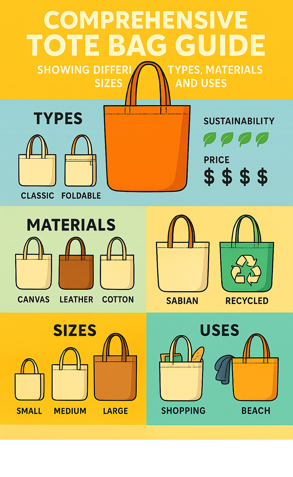 Comprehensive tote bag guide showing different types, materials, sizes, and uses with sustainability ratings and price ranges - tote bag infographic 