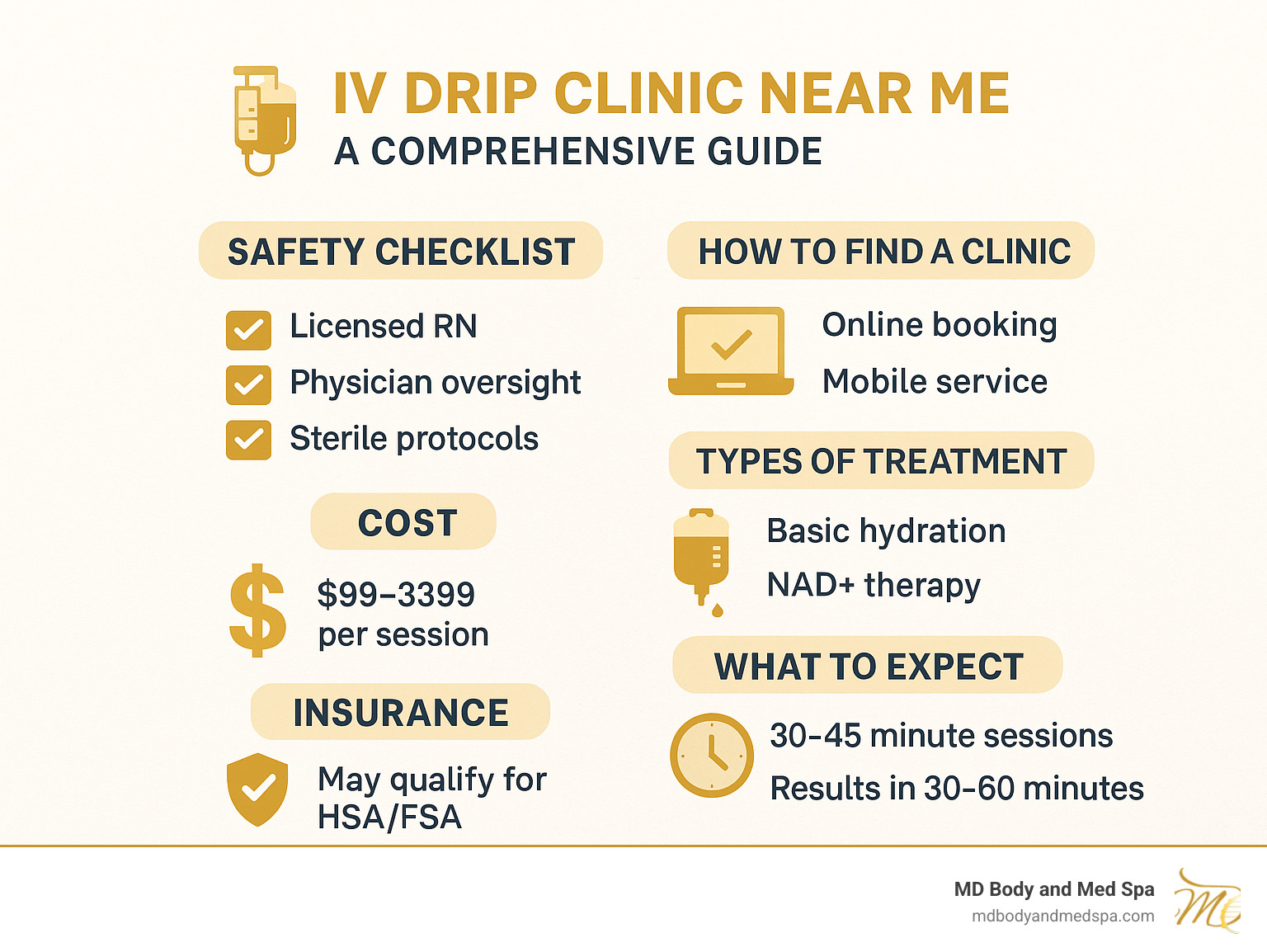 Comprehensive guide showing how to find IV drip clinics near you, including safety checklist with licensed RN requirements, physician oversight, sterile protocols, online booking options, mobile service availability, treatment types from basic hydration to specialized NAD+ therapy, cost breakdown ranging $99-399 per session, insurance and HSA/FSA coverage details, and expected timeline showing 30-45 minute sessions with results felt within 30-60 minutes - iv drip clinic near me infographic 
