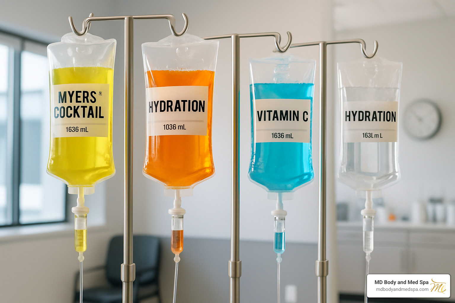 colorful IV drip bags showing different formulations - iv drip clinic near me