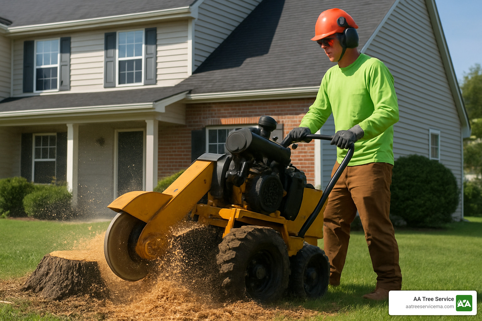 Professional stump grinder in action, showing the efficient removal process and wood chip byproduct - Tree Removal Framingham