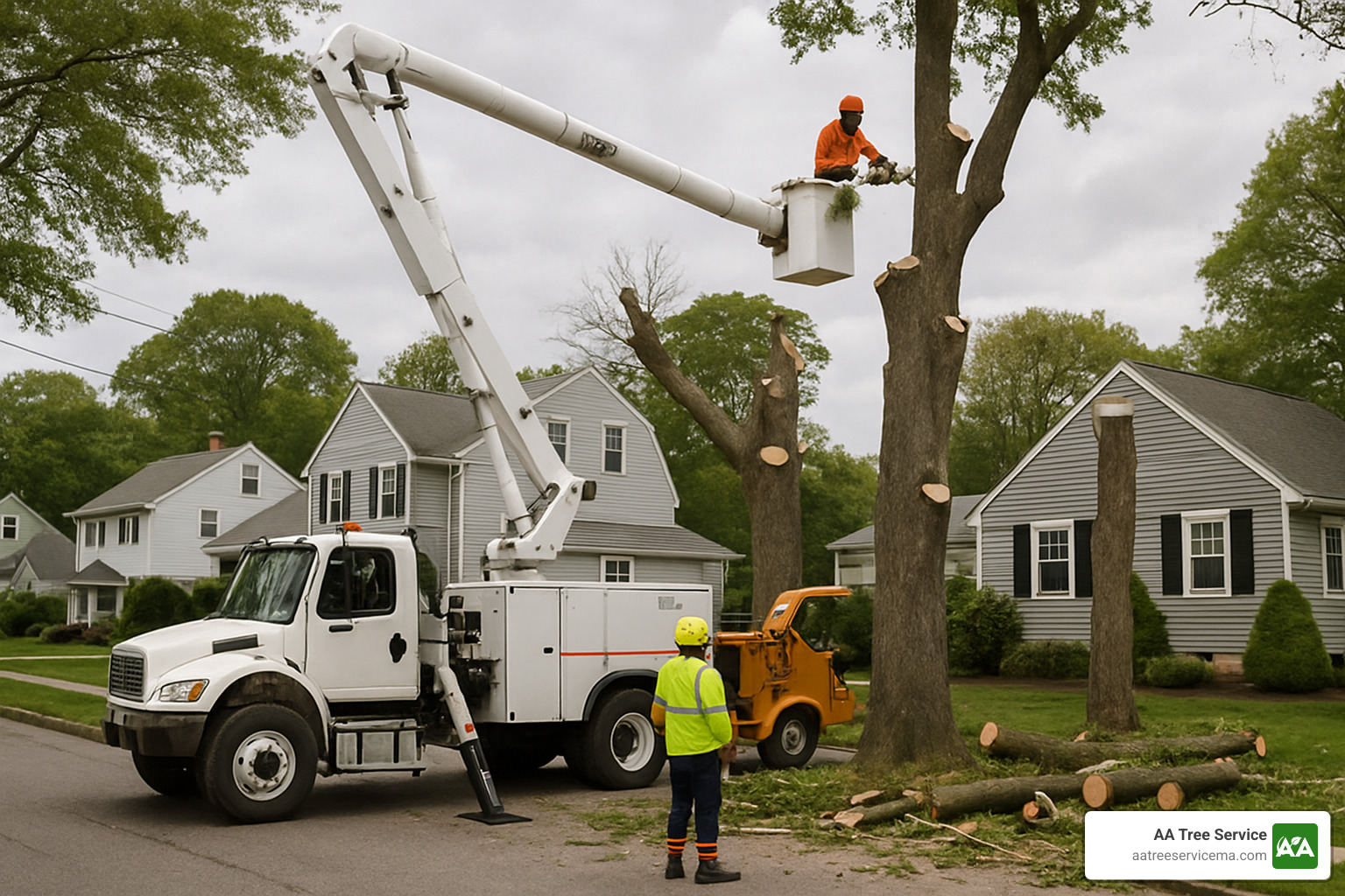 Professional tree removal crew with bucket truck working safely in Framingham residential area - Tree Removal Framingham