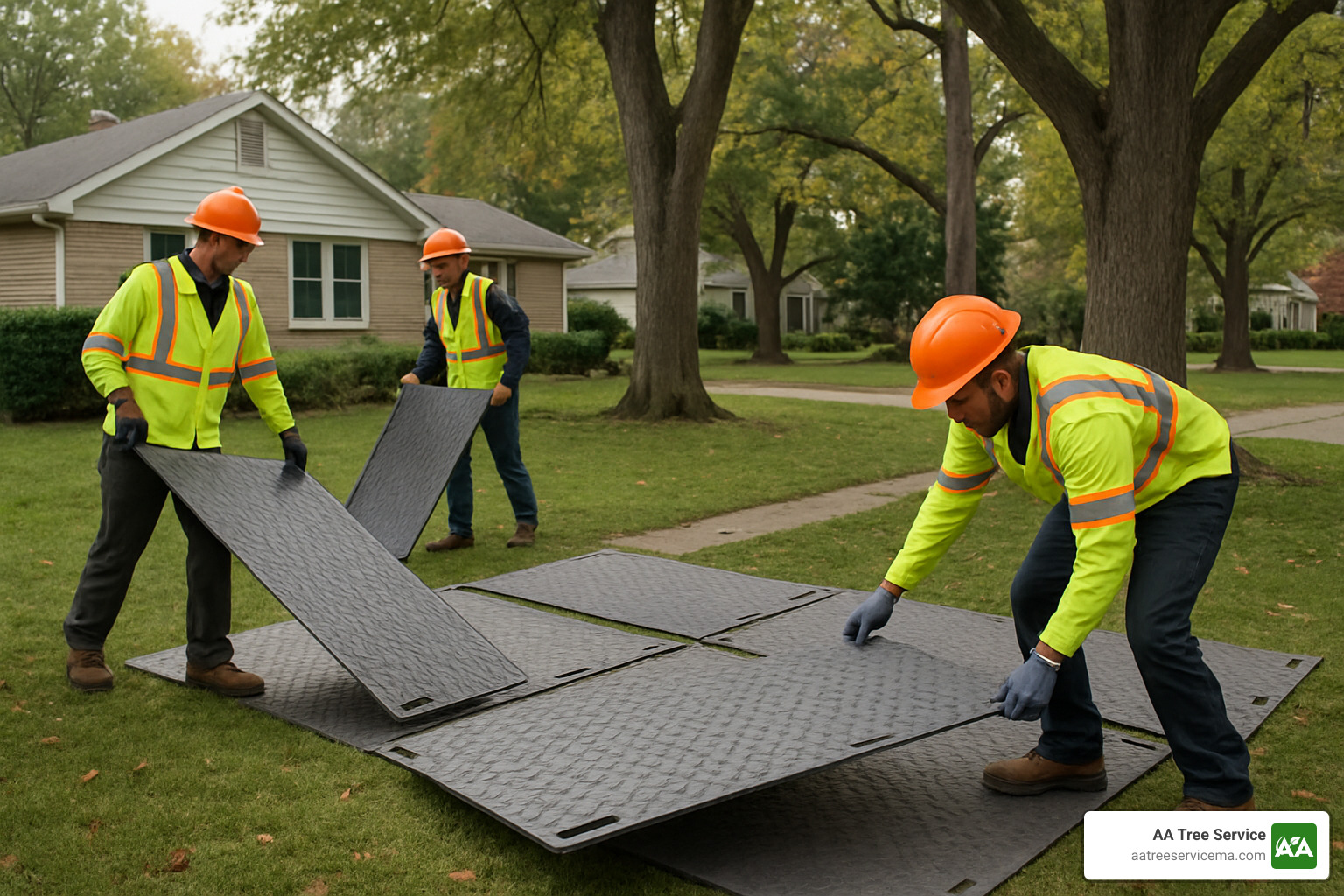 Professional tree removal crew carefully positioning ground protection mats before beginning work - Tree Removal Framingham