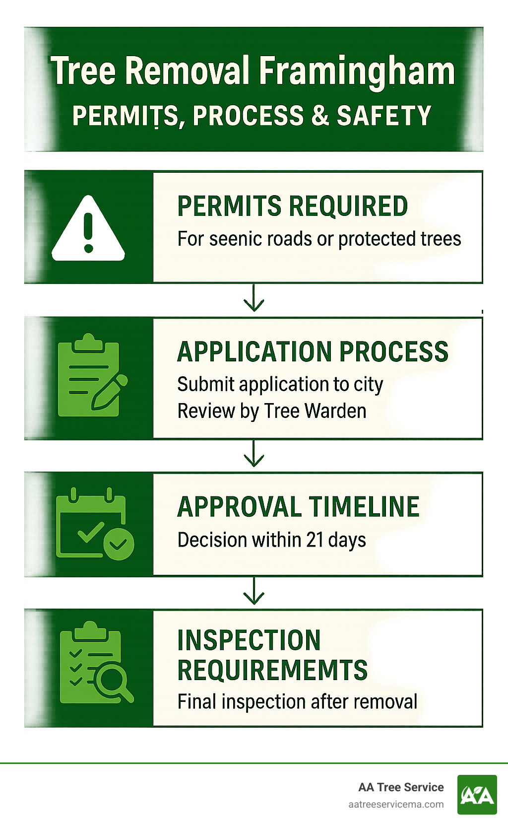 Framingham tree removal permit workflow showing when permits are required, application process, approval timeline, and inspection requirements - Tree Removal Framingham infographic 