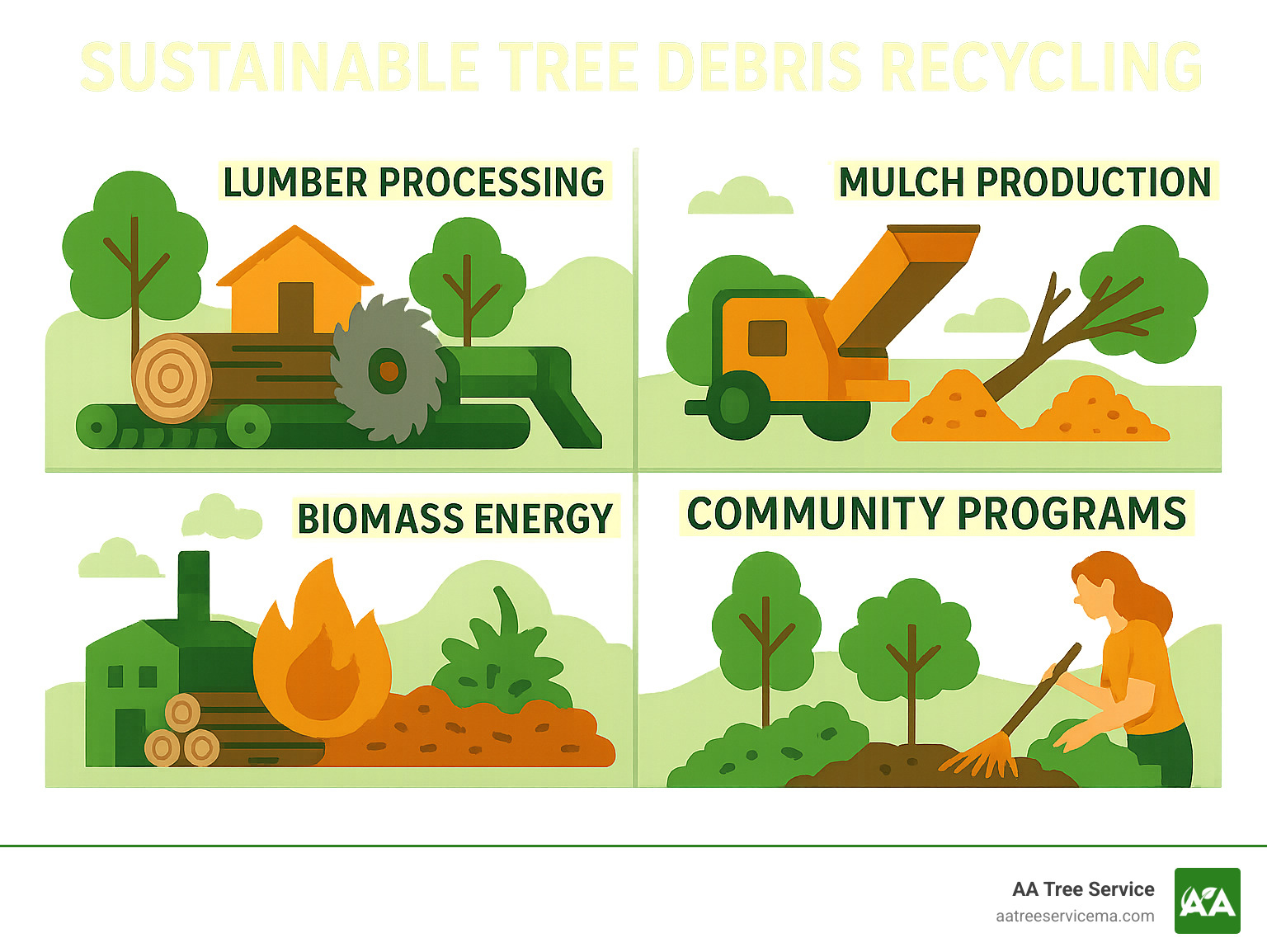 Comprehensive infographic showing sustainable tree debris recycling options including lumber processing, mulch production, biomass energy, and community programs - Tree Removal Framingham infographic 