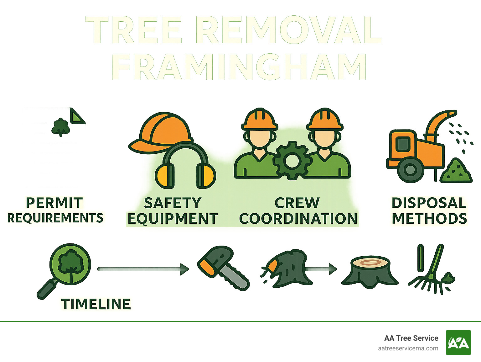 Framingham tree removal process showing permit requirements, safety equipment, crew coordination, disposal methods, and timeline from initial assessment to final cleanup - Tree Removal Framingham infographic 