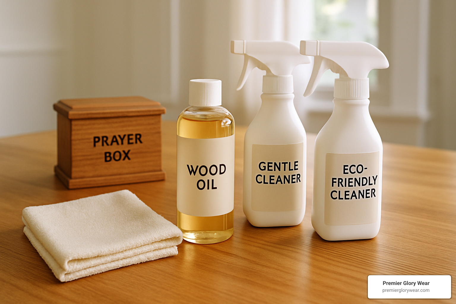 prayer box care supplies including soft cloth, wood oil, and gentle cleaners - prayer boxes bulk