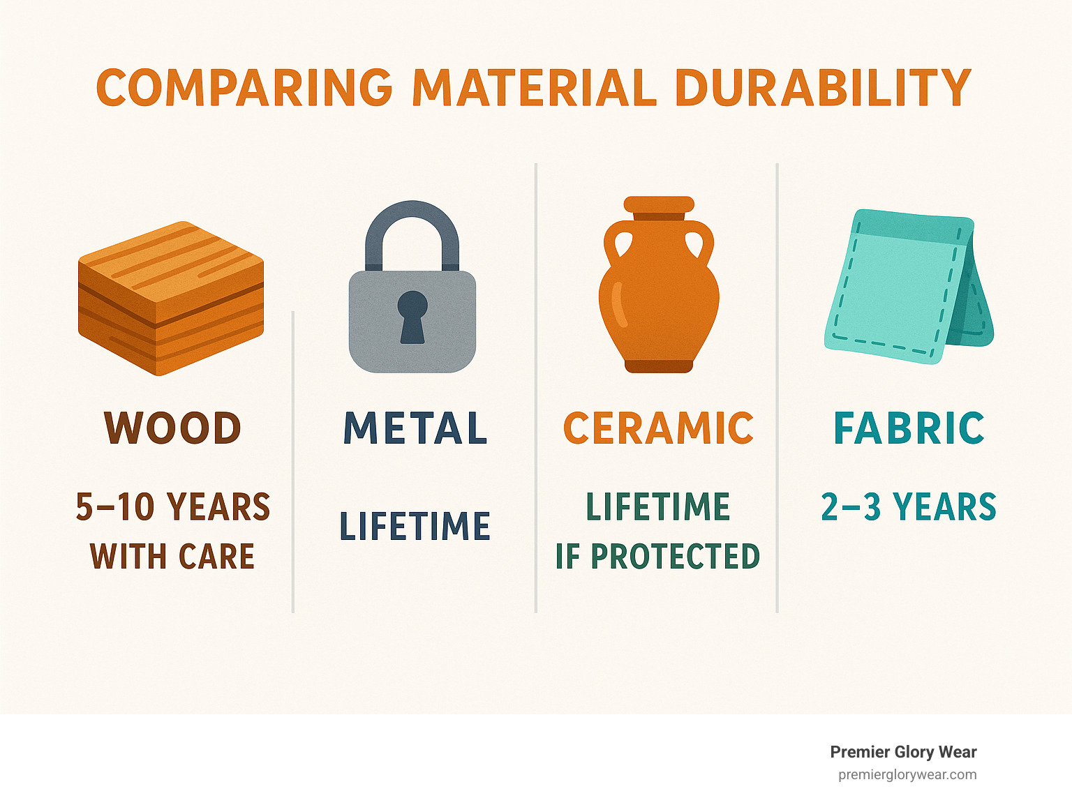 Infographic comparing material durability: wood (5-10 years with care), metal (lifetime), ceramic (lifetime if protected), fabric (2-3 years) - prayer boxes bulk infographic