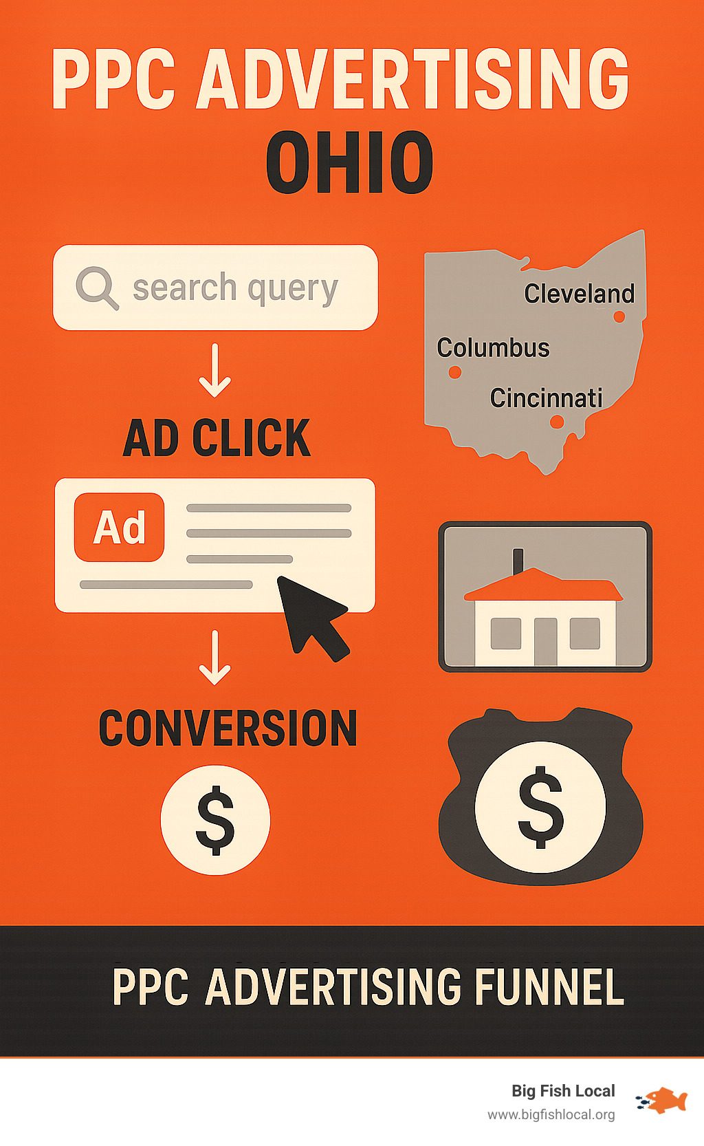 Ohio PPC advertising funnel showing search query to ad click to landing page to conversion, with local targeting options for Ohio cities and regions - PPC advertising ohio infographic 