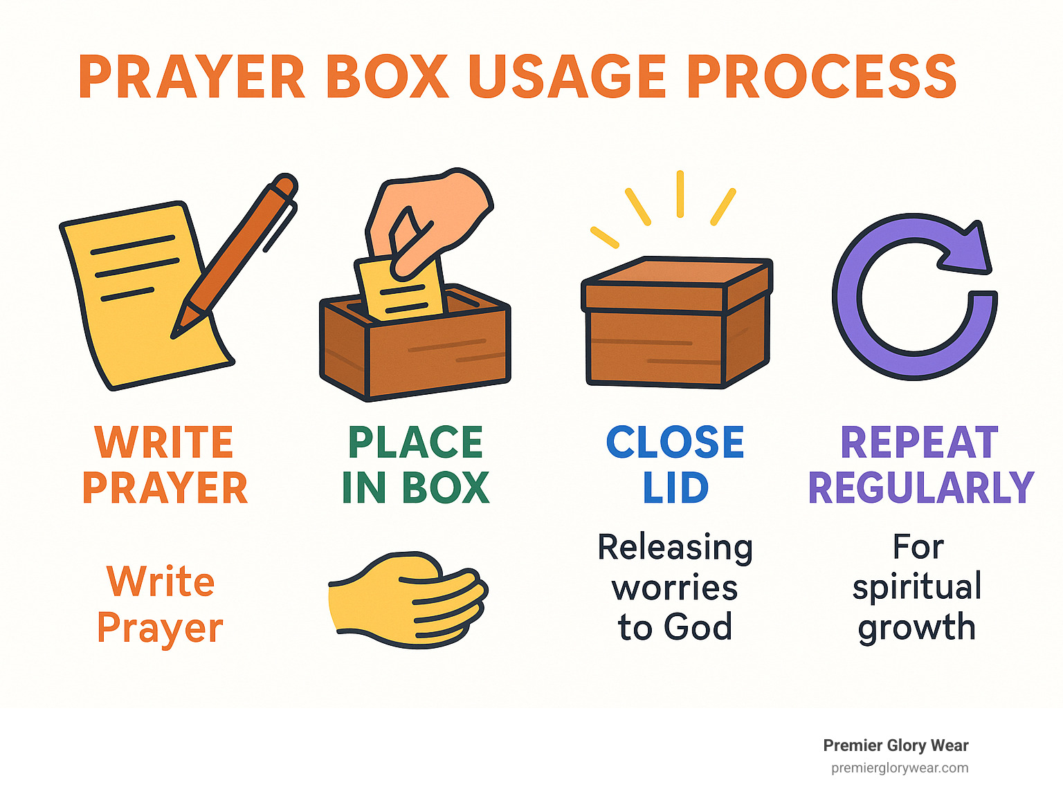 Infographic showing prayer box usage process: write prayer on paper, place in box, close lid to symbolize releasing worries to God, repeat regularly for spiritual growth - prayer boxes bulk infographic
