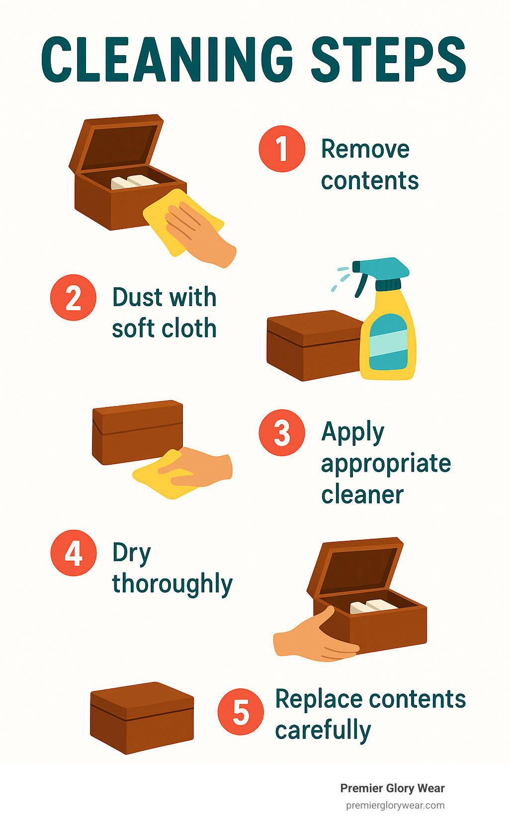 Infographic showing cleaning steps: 1) Remove contents, 2) Dust with soft cloth, 3) Apply appropriate cleaner, 4) Dry thoroughly, 5) Replace contents carefully - prayer boxes bulk infographic