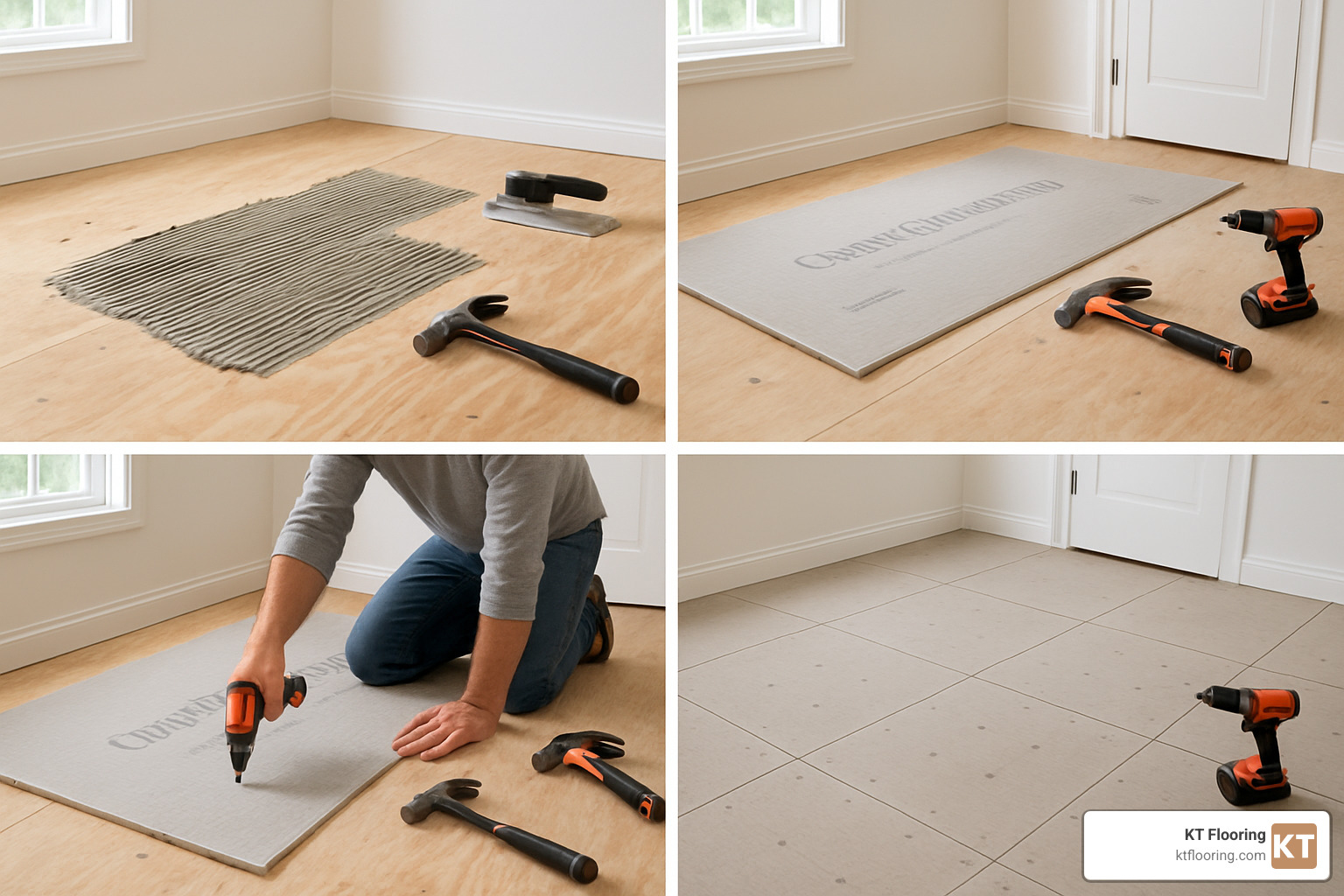 tile installation process showing subfloor preparation - new tile floor