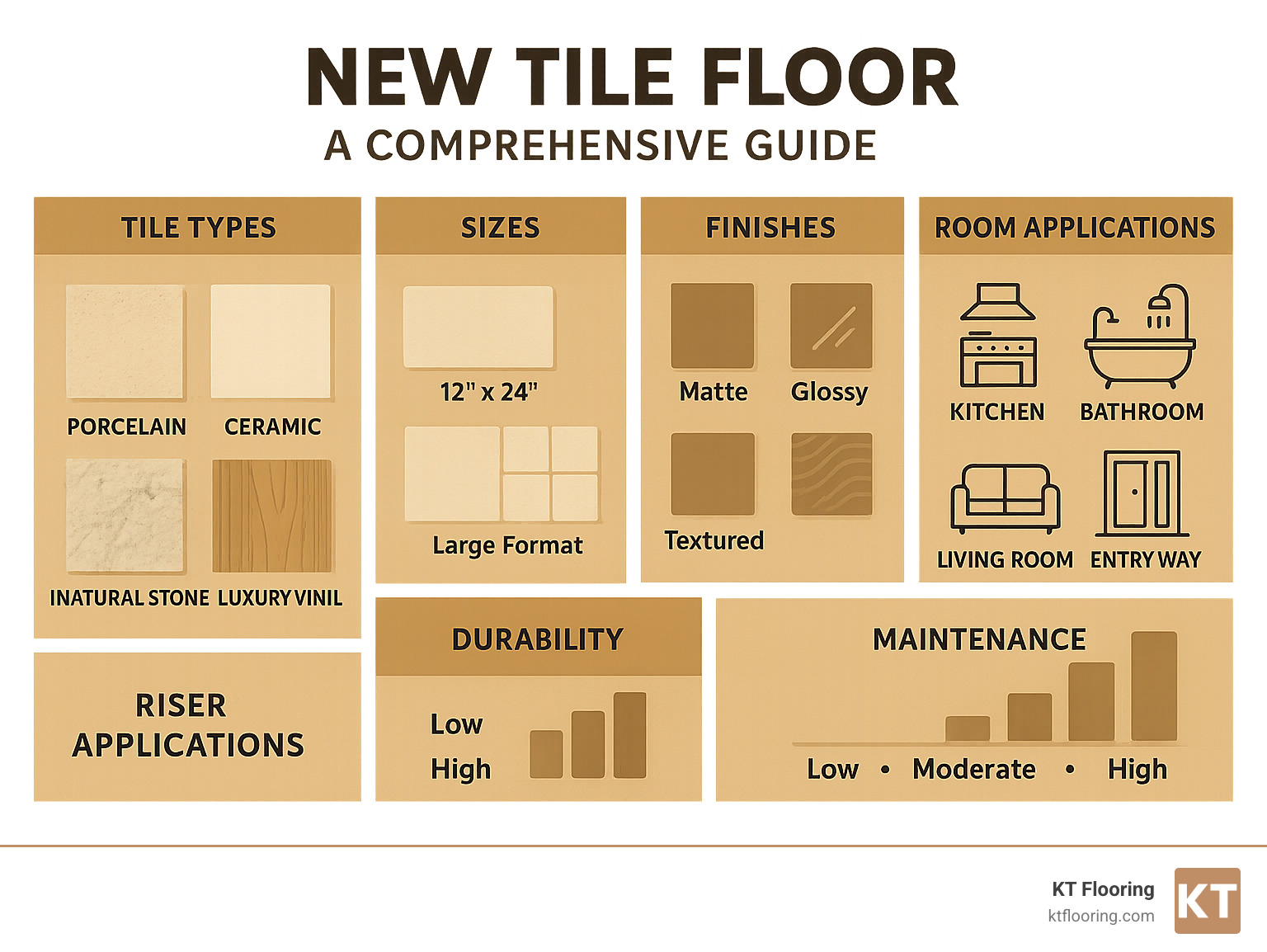 Comprehensive guide showing different tile types, sizes, finishes and room applications with durability ratings and maintenance requirements - new tile floor infographic