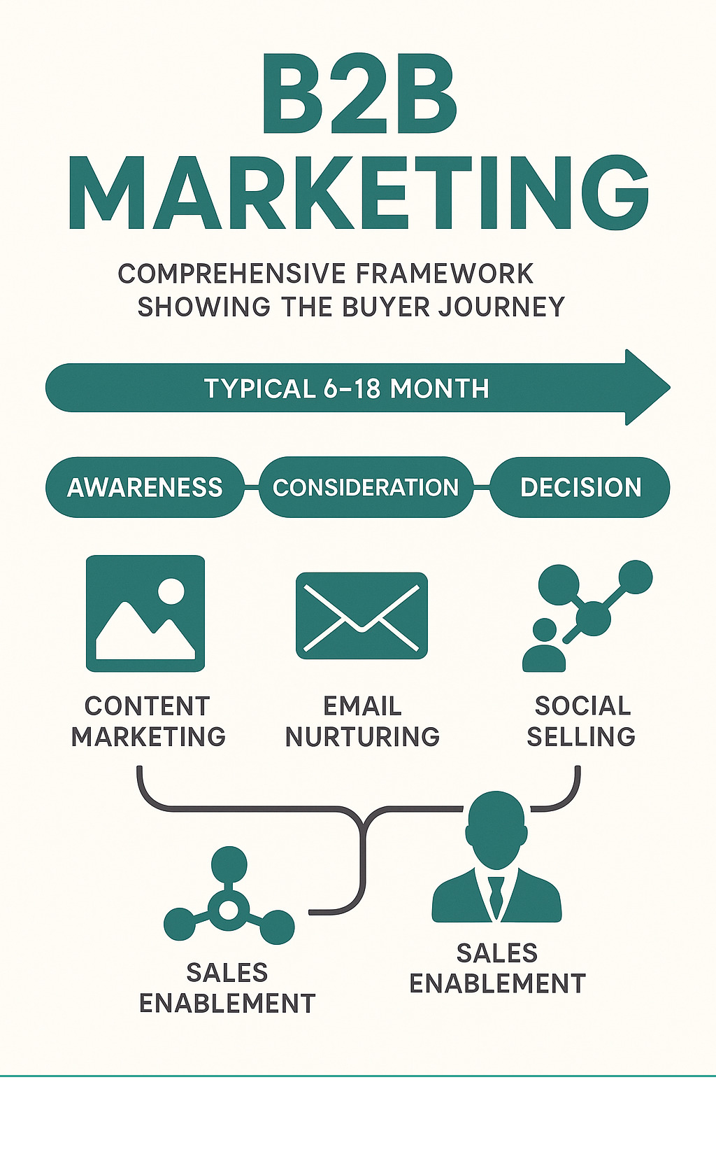 Comprehensive B2B marketing framework showing the buyer journey from awareness through decision, including key touchpoints like content marketing, email nurturing, social selling, and sales enablement across a typical 6-18 month cycle - b2b business marketing infographic Comprehensive B2B marketing framework showing the buyer journey from awareness through decision, including key touchpoints like content marketing, email nurturing, social selling, and sales enablement across a typical 6-18 month cycle - b2b business marketing infographic