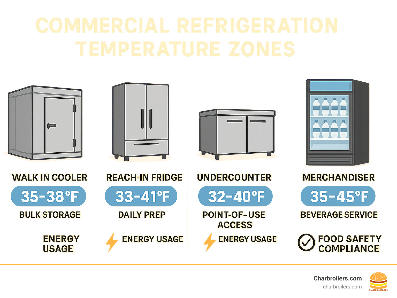 Infographic showing commercial refrigeration temperature zones: walk-in coolers at 35-38°F for bulk storage, reach-in fridges at 33-41°F for daily prep, undercounter units at 32-40°F for point-of-use access, and merchandiser displays at 35-45°F for beverage service, with energy consumption comparisons and food safety compliance requirements - commercial fridge for sale infographic 