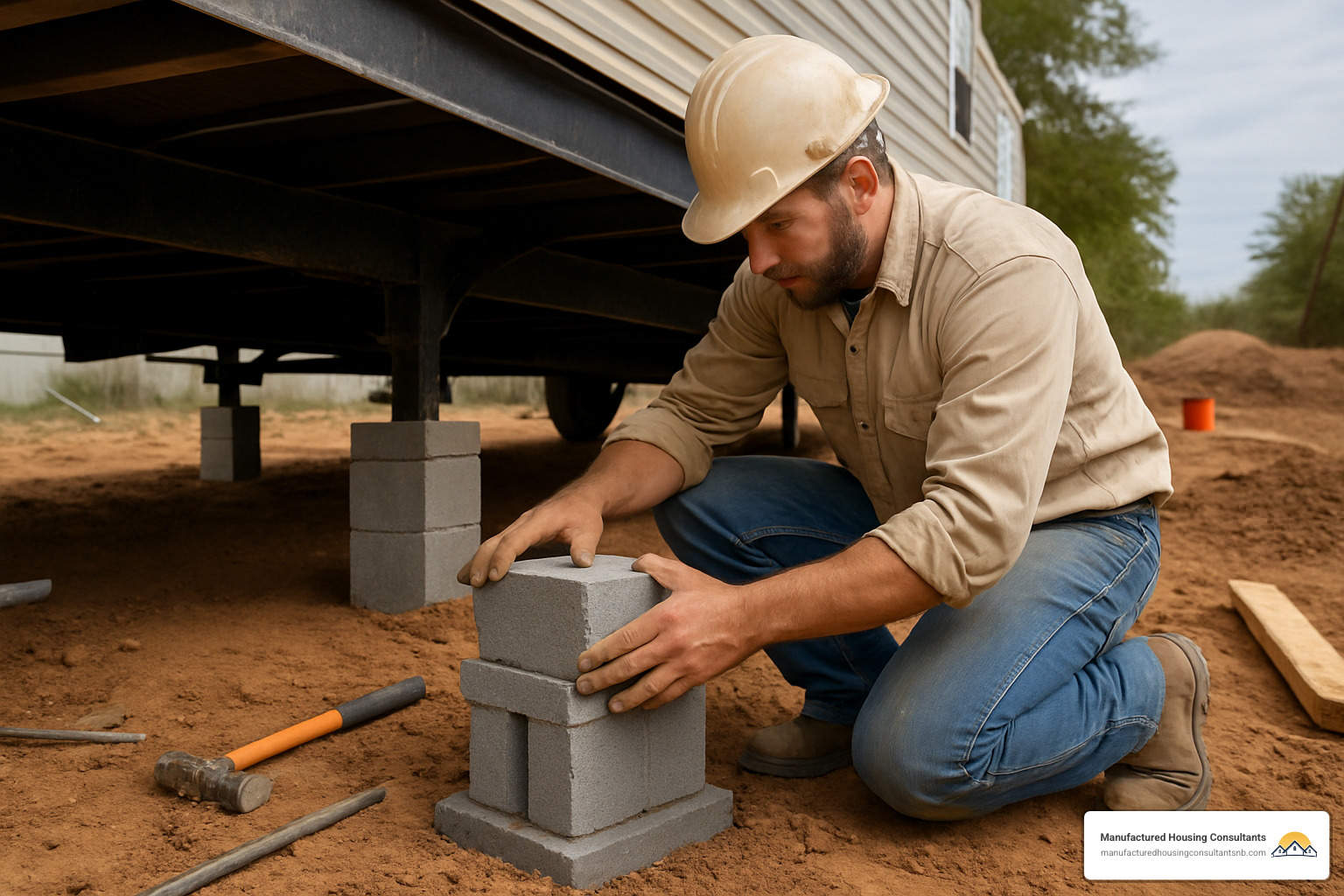contractor setting piers - manufactured homes foundation types