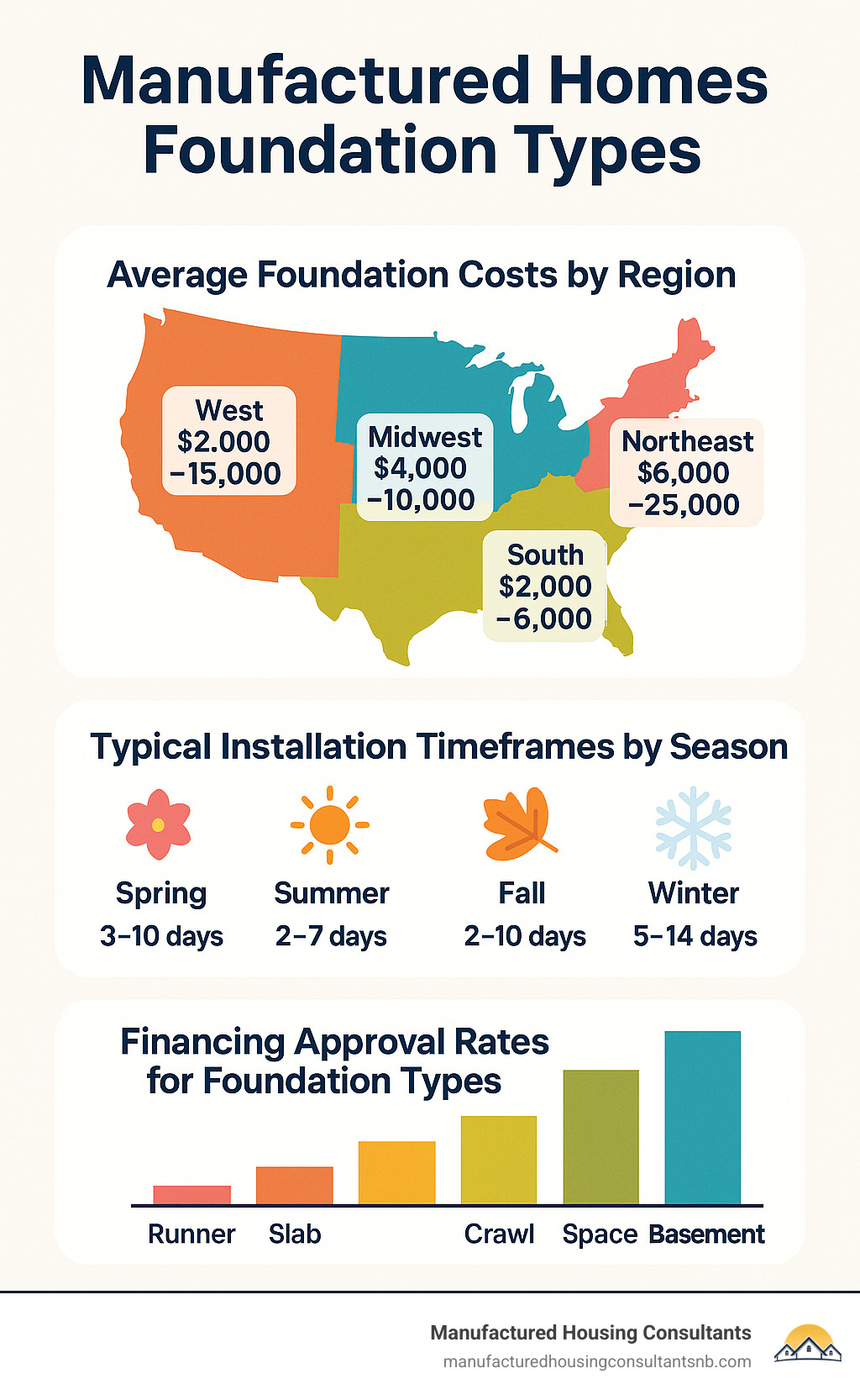 Statistical breakdown showing average foundation costs by region, typical installation timeframes by season, and financing approval rates for different foundation types in manufactured housing - manufactured homes foundation types infographic 