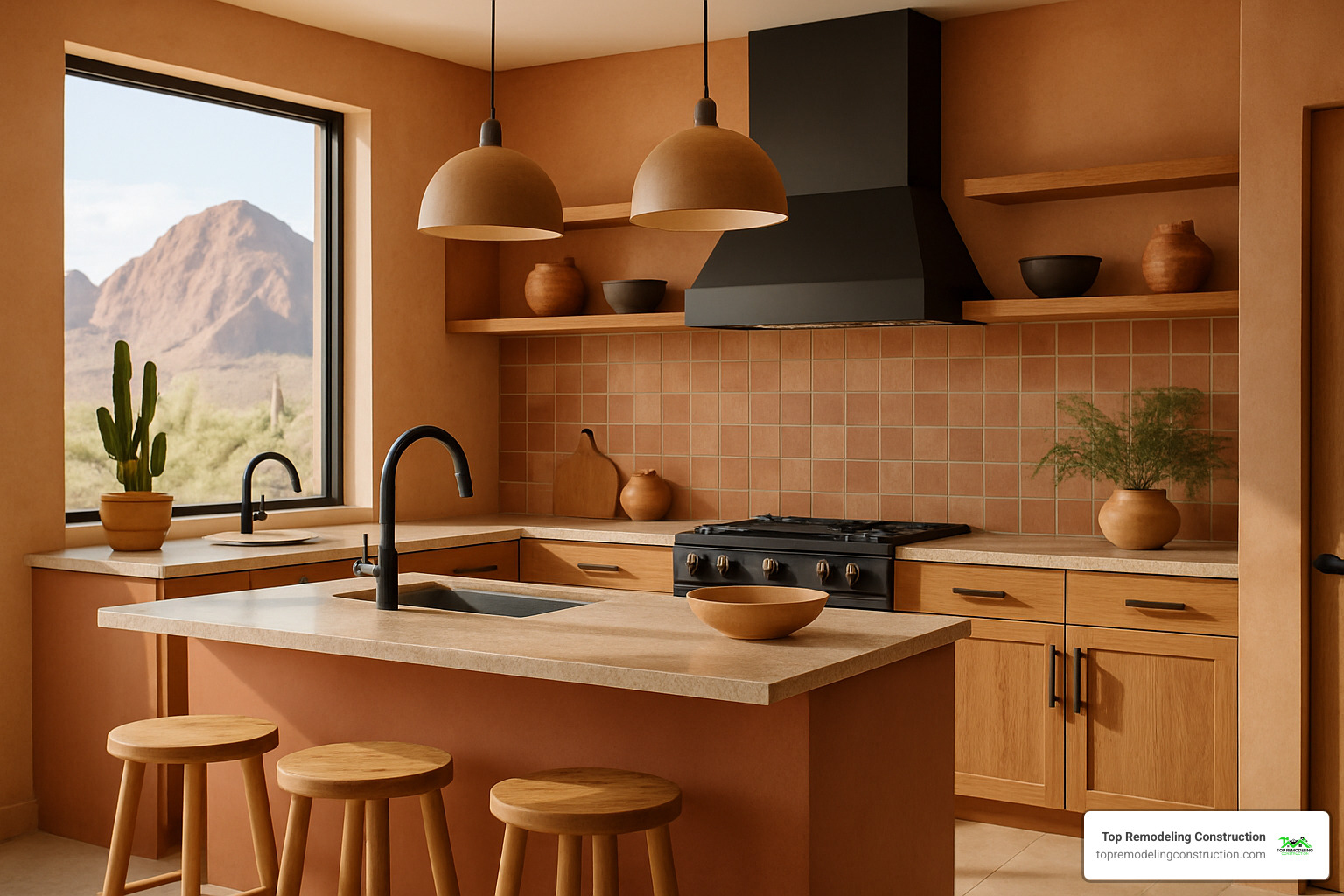 Modern Las Vegas kitchen featuring desert-inspired color palette with warm earth tones, matte black fixtures, and natural wood accents - Las Vegas home remodeling