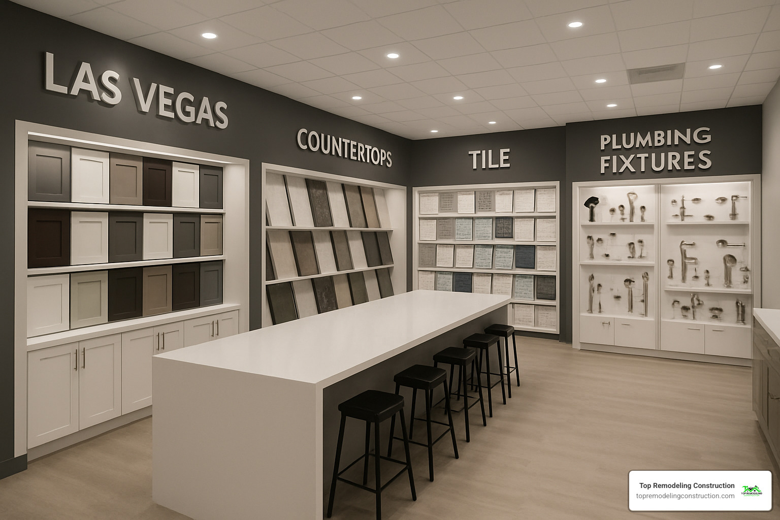 Design center showroom displaying cabinet samples, countertop options, tile selections, and plumbing fixtures for Las Vegas home remodeling projects - Las Vegas home remodeling