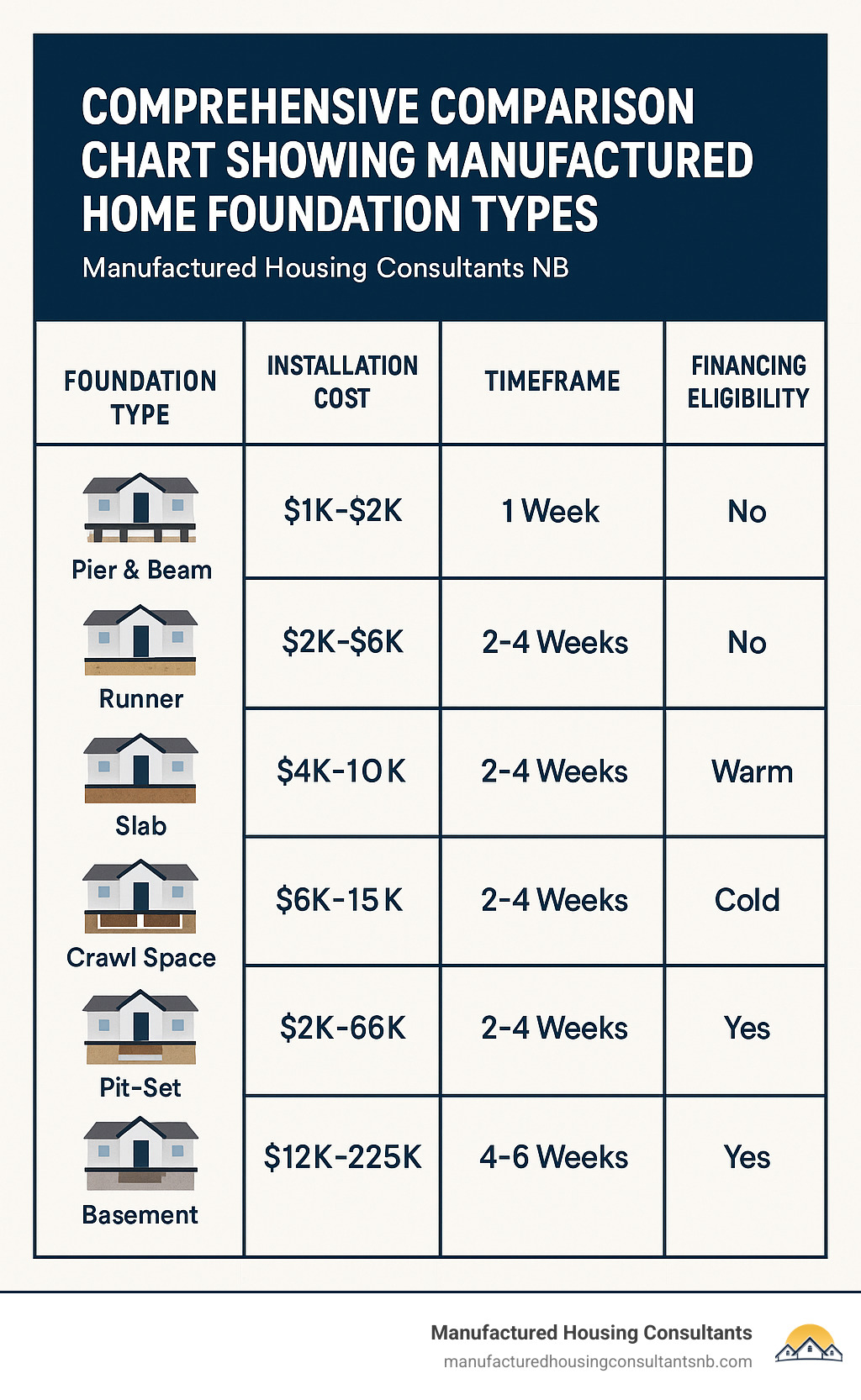Comprehensive comparison chart showing manufactured home foundation types with installation costs, timeframes, climate suitability, and financing eligibility for pier and beam, runner, slab, crawl space, pit-set, and basement foundations - manufactured homes foundation types infographic 