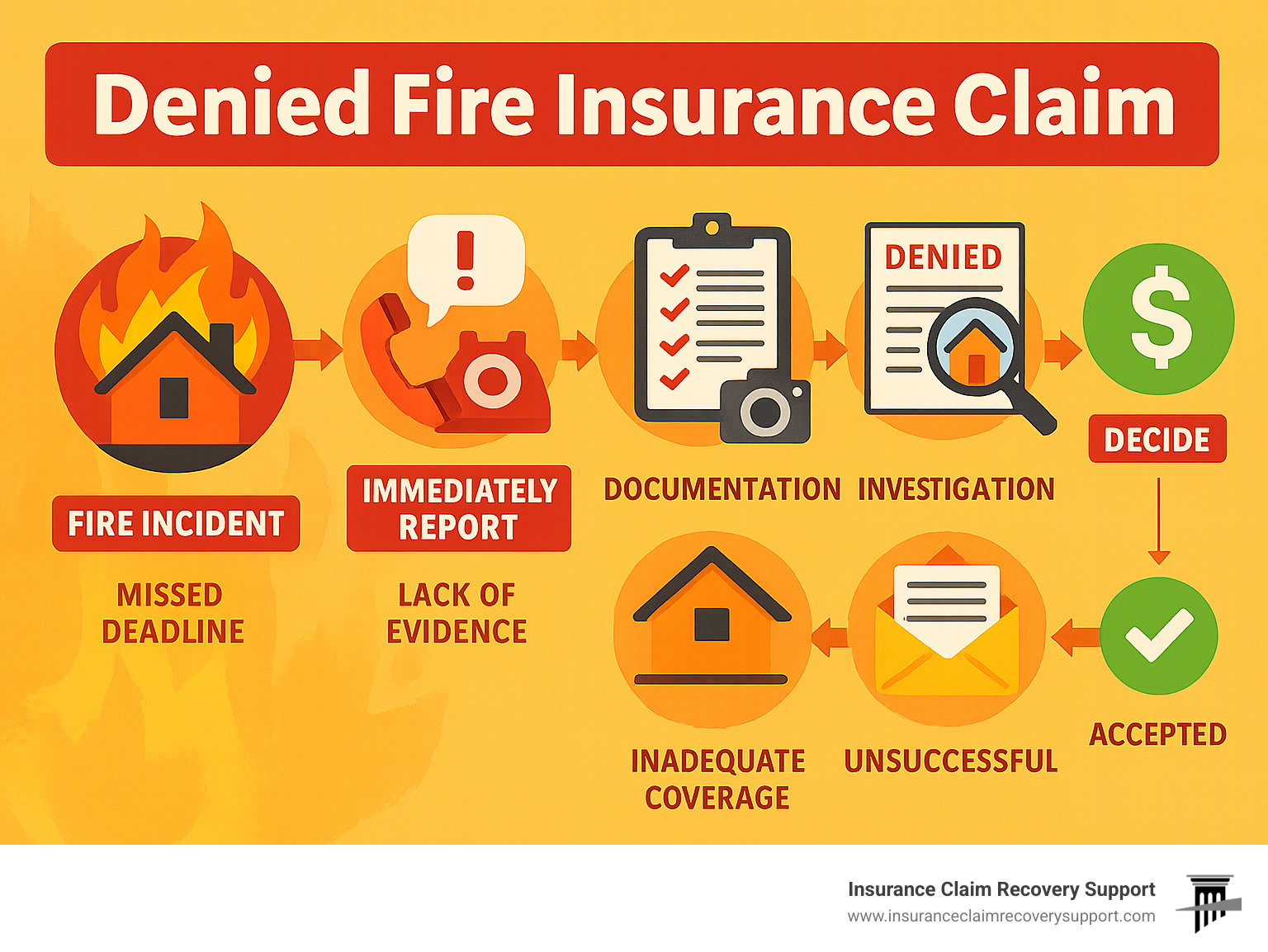 Infographic showing the complete fire insurance claim process from initial fire incident through final settlement, including common denial points at each stage: immediate reporting requirements, documentation phase, investigation period, initial determination, appeal process, and final resolution options - denied fire insurance claim infographic 
