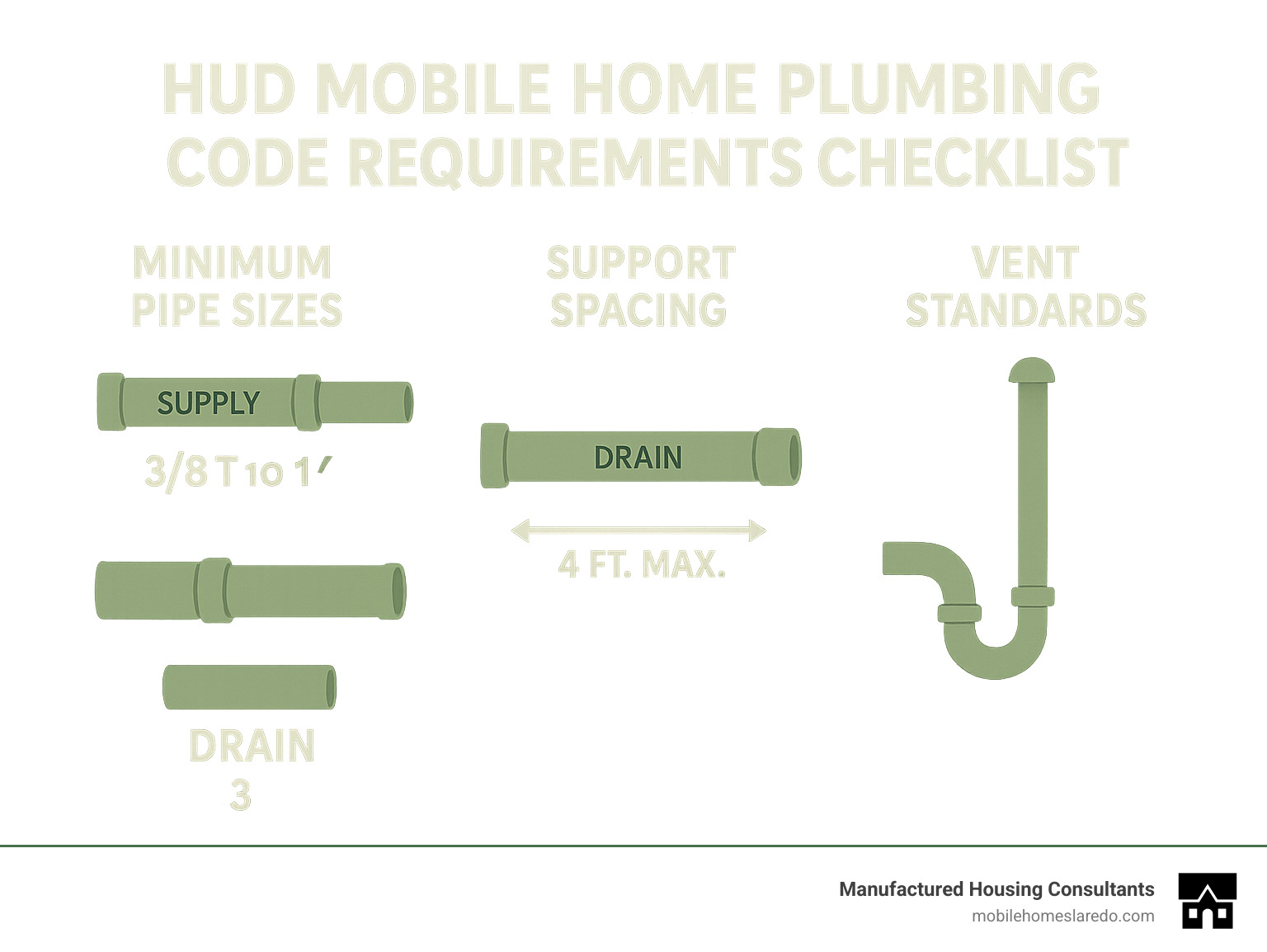 HUD mobile home plumbing code requirements checklist showing minimum pipe sizes, support spacing, and vent standards - what type of plumbing is used in mobile homes infographic  HUD mobile home plumbing code requirements checklist showing minimum pipe sizes, support spacing, and vent standards - what type of plumbing is used in mobile homes infographic