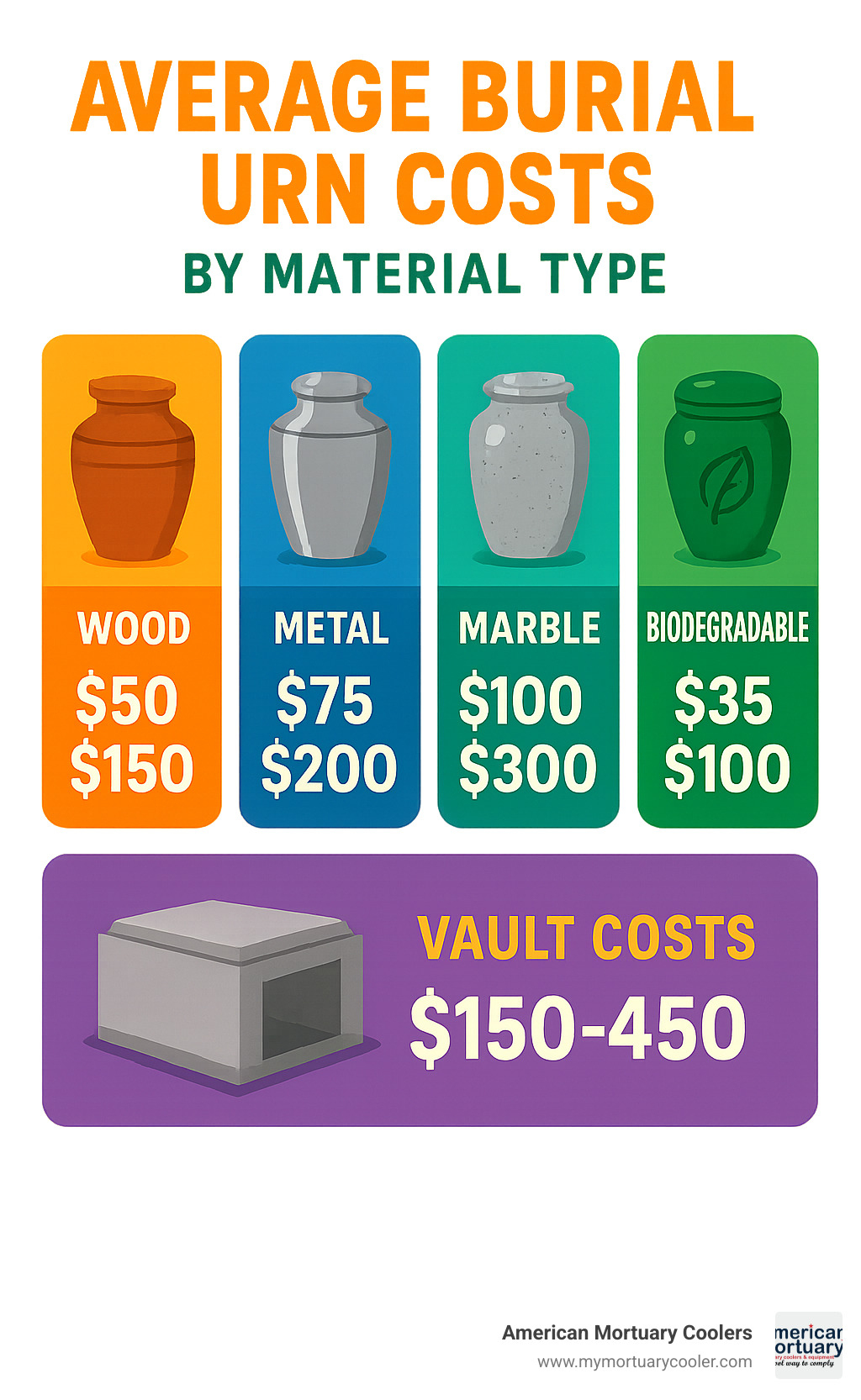 Average burial urn costs by material type showing wood urns $50-150, metal urns $75-200, marble urns $100-300, and biodegradable urns $35-100, with vault costs ranging $150-450 - urns for human ashes for burial infographic 