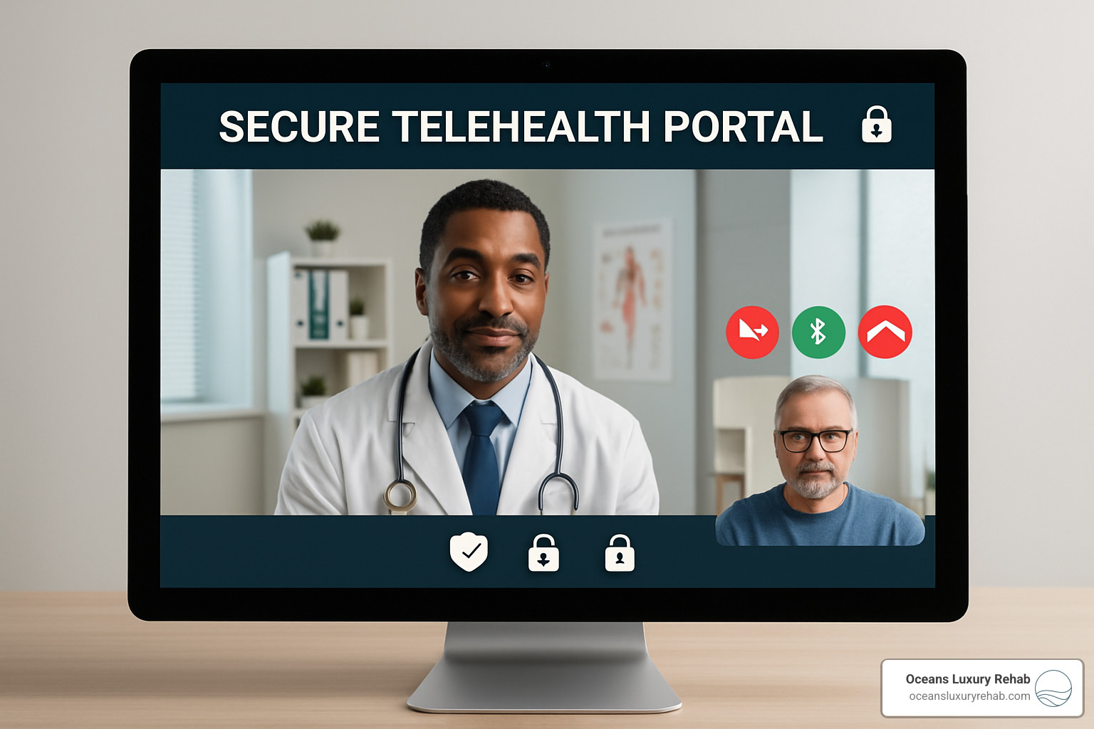 Secure telehealth portal interface showing video consultation setup with privacy controls - Suboxone clinic Costa Mesa