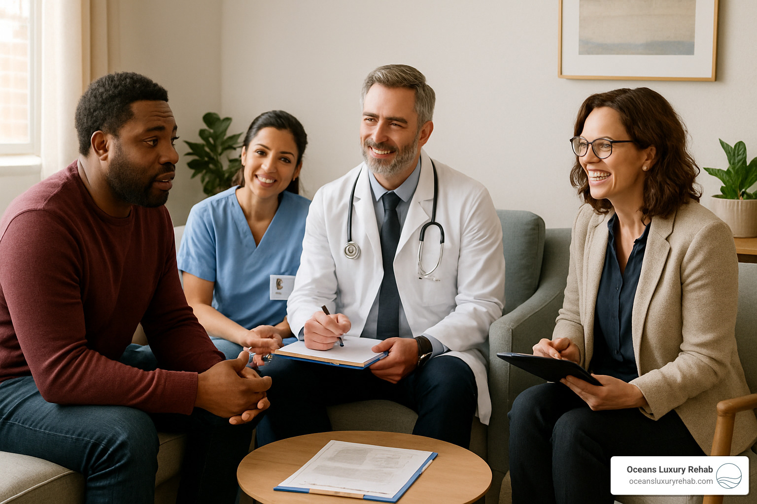 Healthcare team meeting with patient in comfortable, private consultation room - Suboxone clinic Costa Mesa