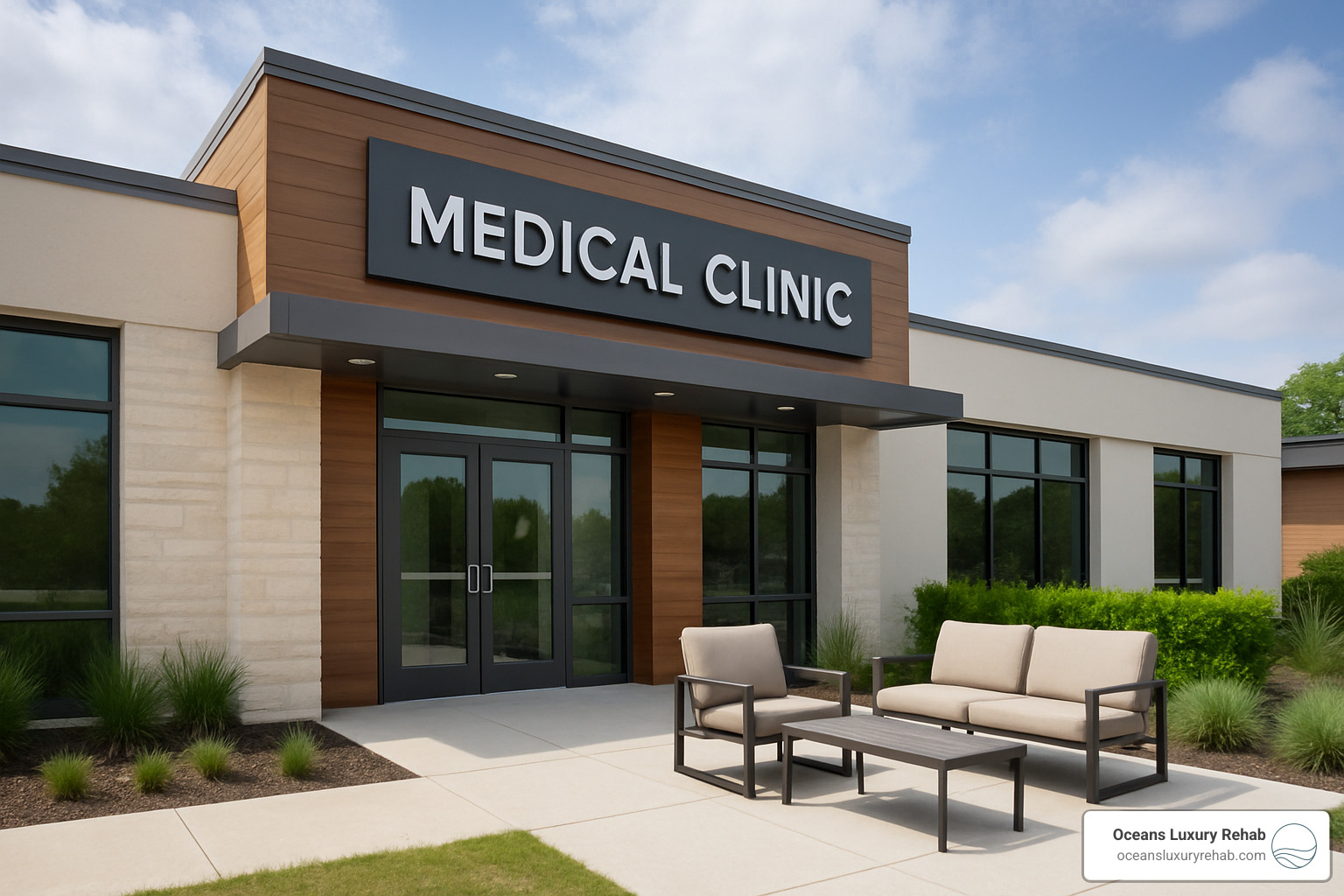 Modern, welcoming medical clinic exterior with comfortable seating and professional signage - Suboxone clinic Costa Mesa