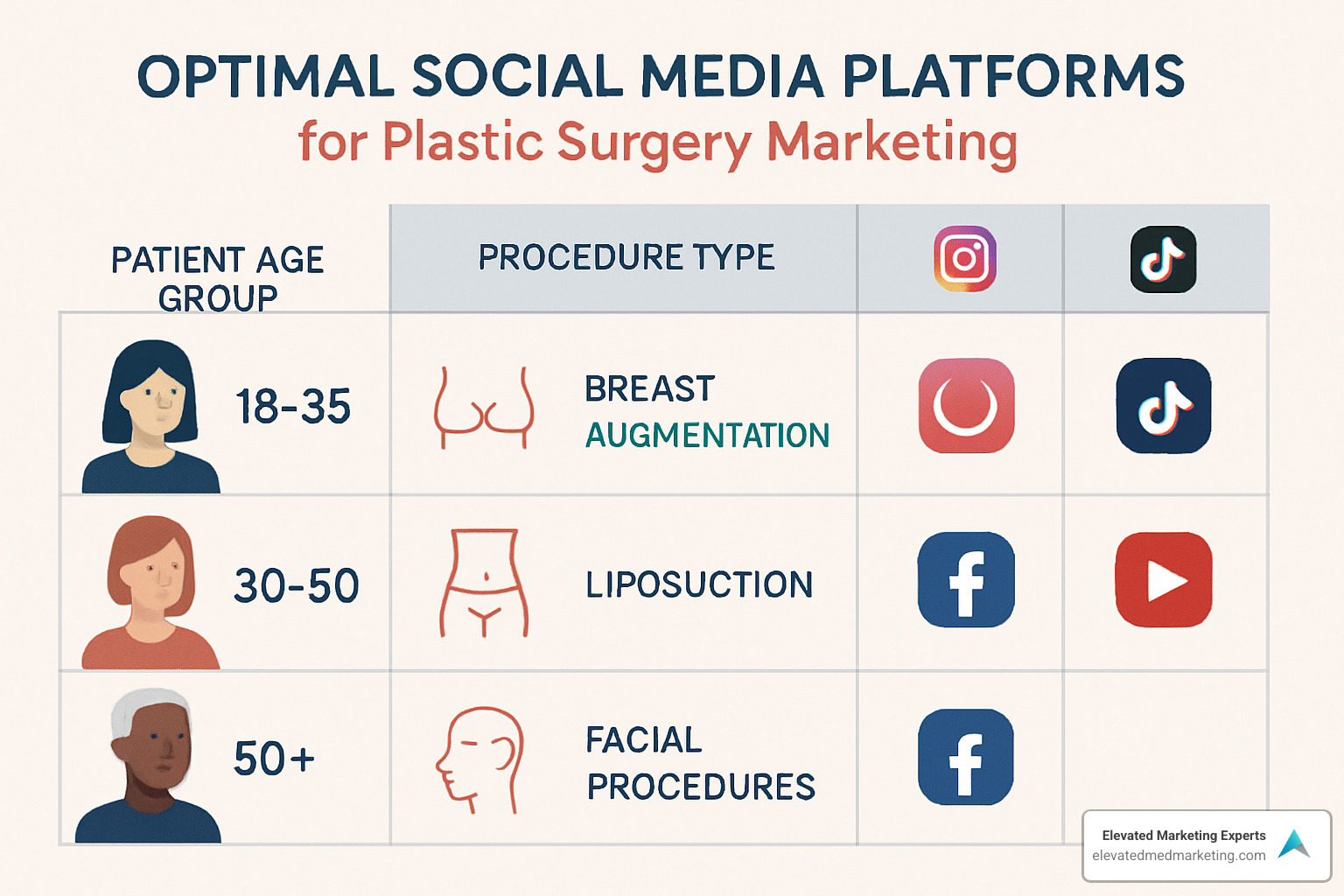 Matrix showing optimal social media platforms by patient age group and procedure type, with Instagram/TikTok for younger patients seeking breast augmentation, Facebook/YouTube for middle-aged patients considering liposuction, and Facebook for older patients interested in facial procedures - online marketing plastic surgery